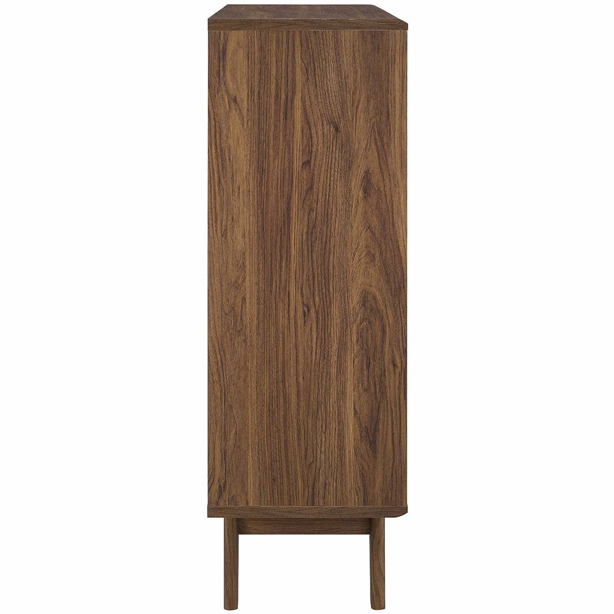 Slim walnut cabinet side with matching wood grain finish and splayed mid-century legs || EEI-3343-WAL || side_open_studio