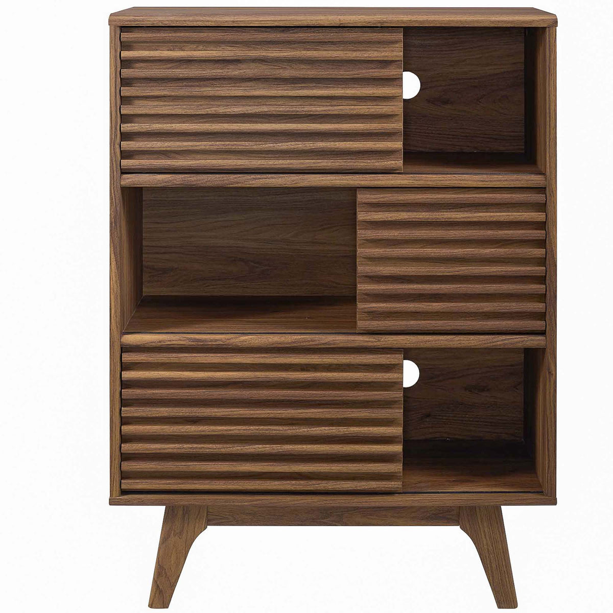 Render walnut three-tier display cabinet with sliding fluted doors and open shelves for decor and media || EEI-3343-WAL || front_open_studio