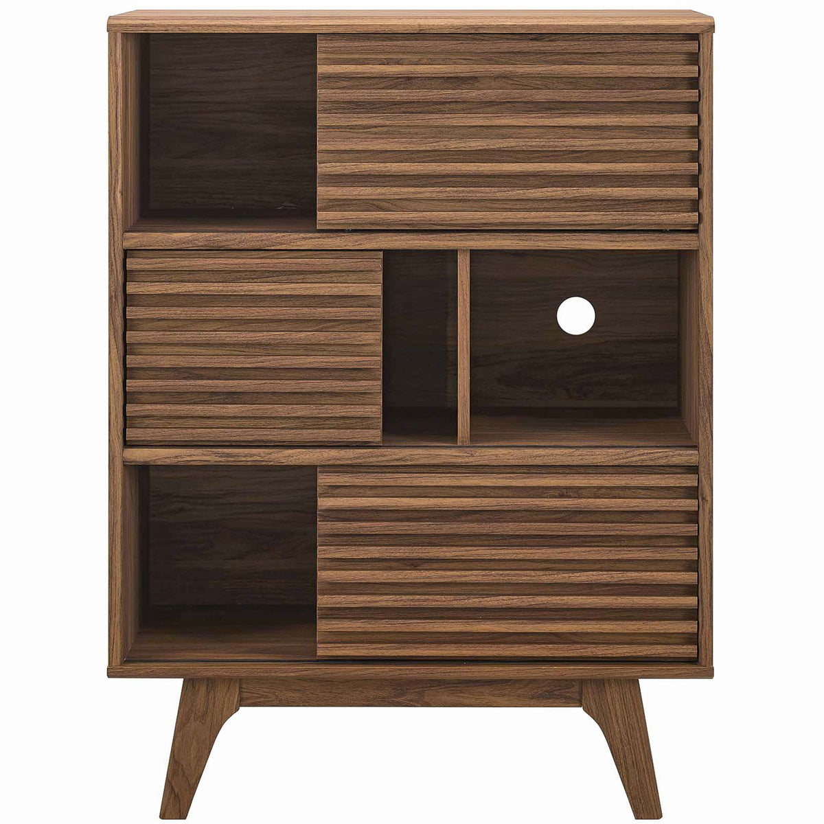 Walnut display cabinet showing varied open and concealed storage with slatted sliding doors and cable cutout || EEI-3343-WAL || front_open_studio