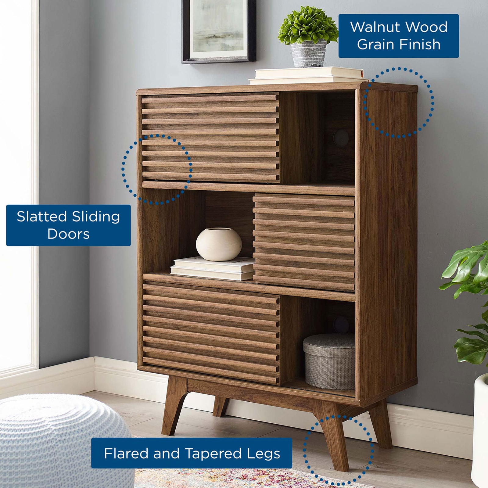 Render walnut display cabinet in a living room with callouts for sliding doors, wood grain finish, and tapered legs || EEI-3343-WAL || callout_room