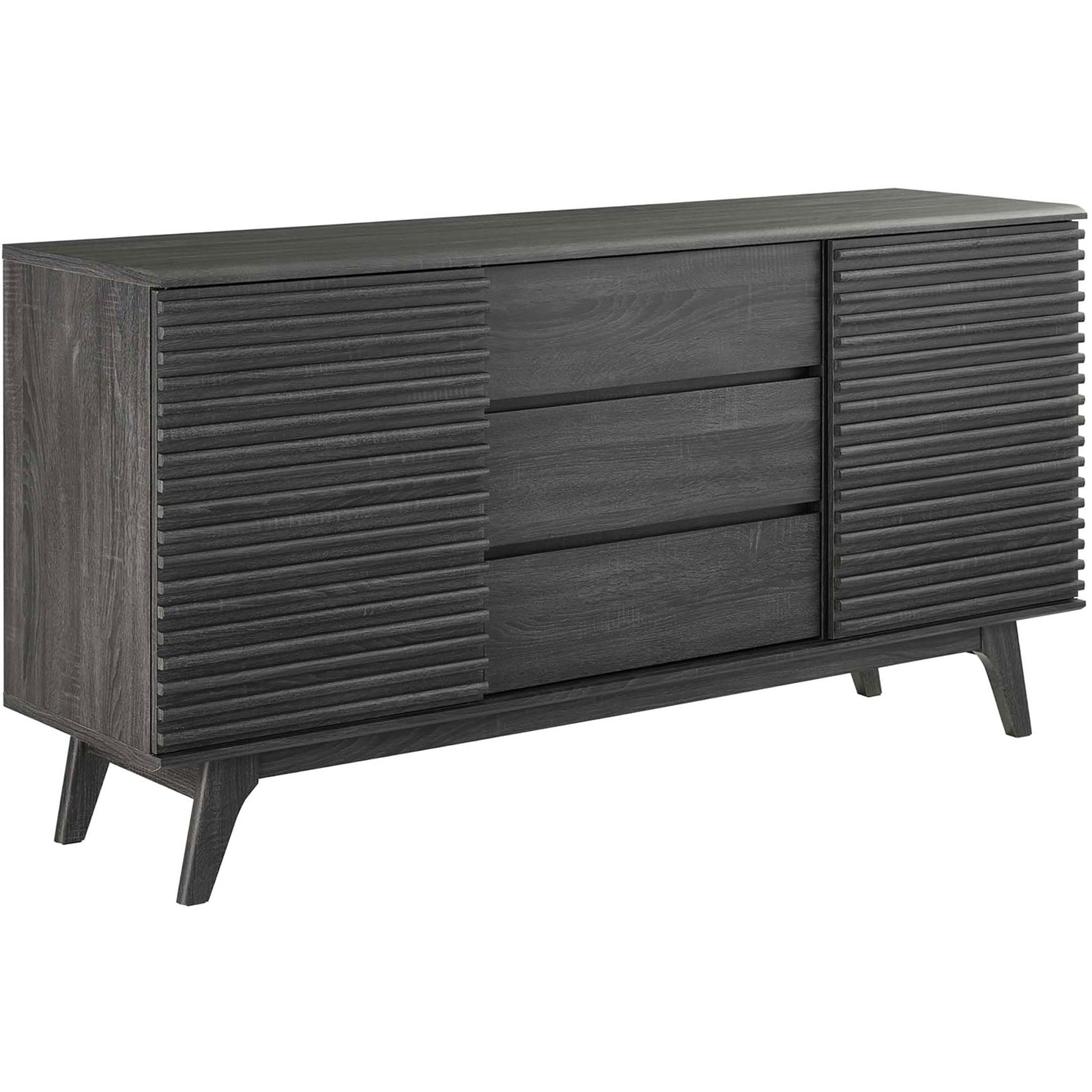 Charcoal Render sideboard offers a sleek profile with ribbed doors and splayed mid-century legs || EEI-3344-CHA || front_angle_studio