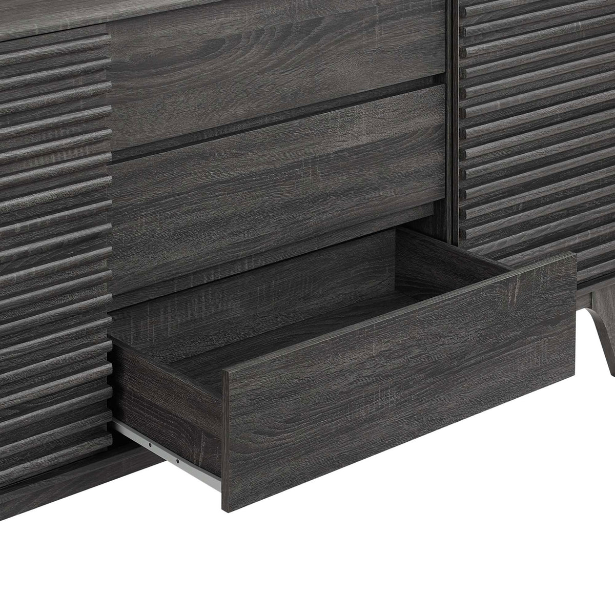 Center drawer glides fully open to reveal deep charcoal storage for dishes and serveware || EEI-3344-CHA || storage_open_studio