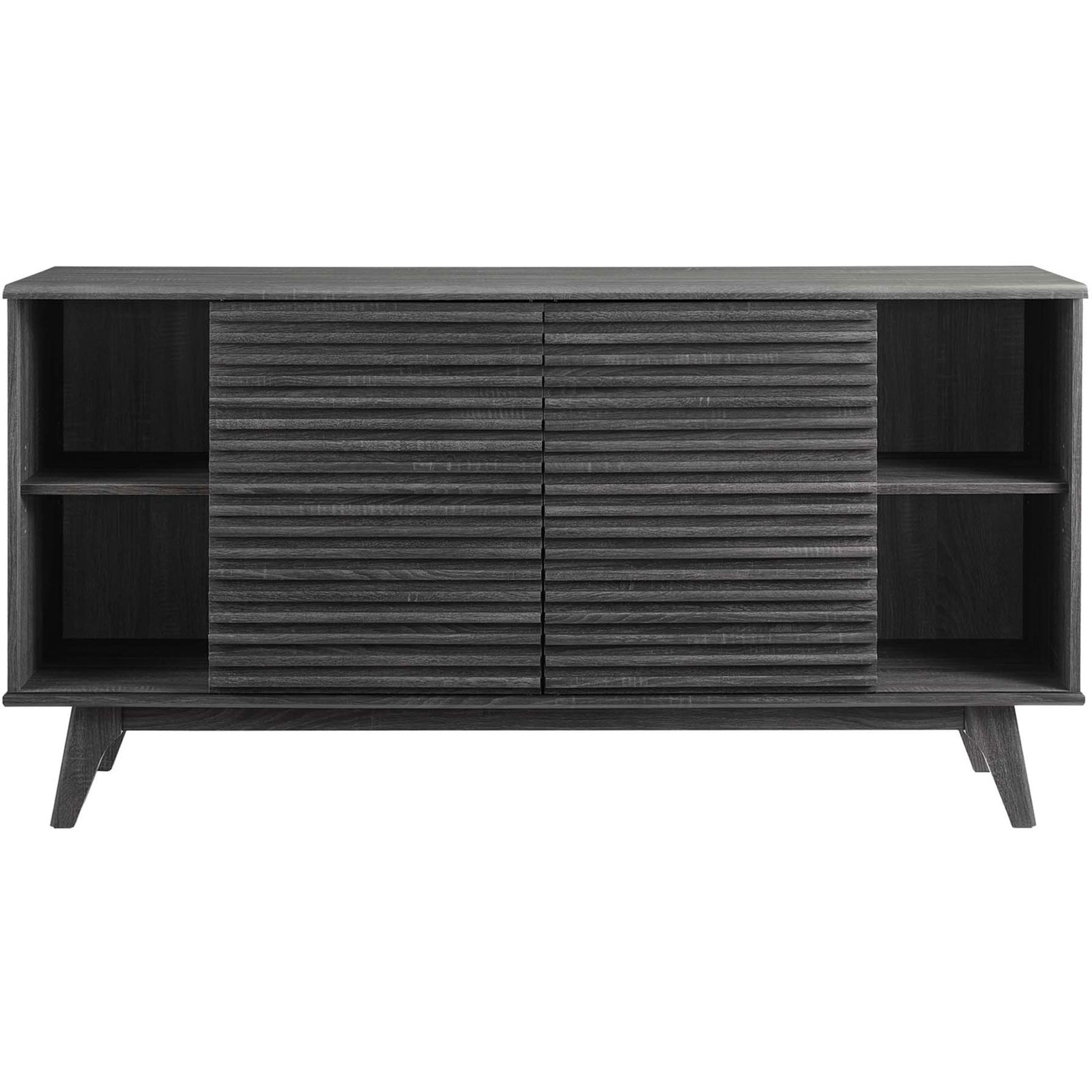 Charcoal buffet with sliding doors centered to reveal open adjustable shelving on both sides || EEI-3344-CHA || front_open_studio