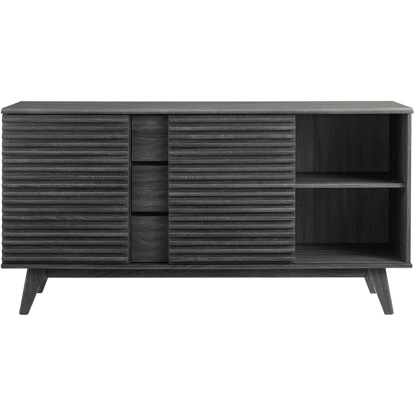 Charcoal sideboard buffet with one sliding door opened to showcase glassware-ready shelving || EEI-3344-CHA || front_open_studio