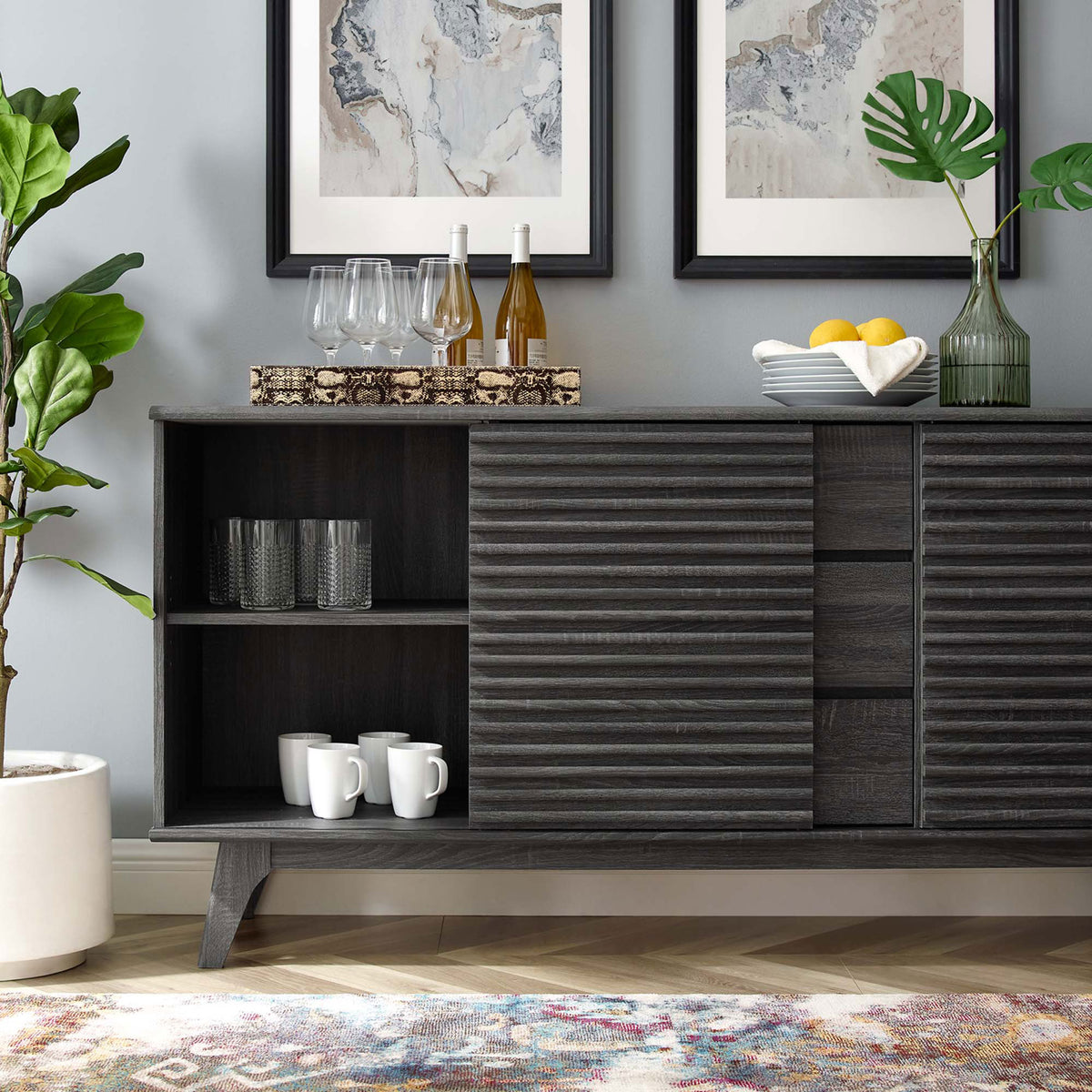 Charcoal buffet displays open shelving stocked for entertaining with mugs, glasses, and barware || EEI-3344-CHA || front_angle_open_room