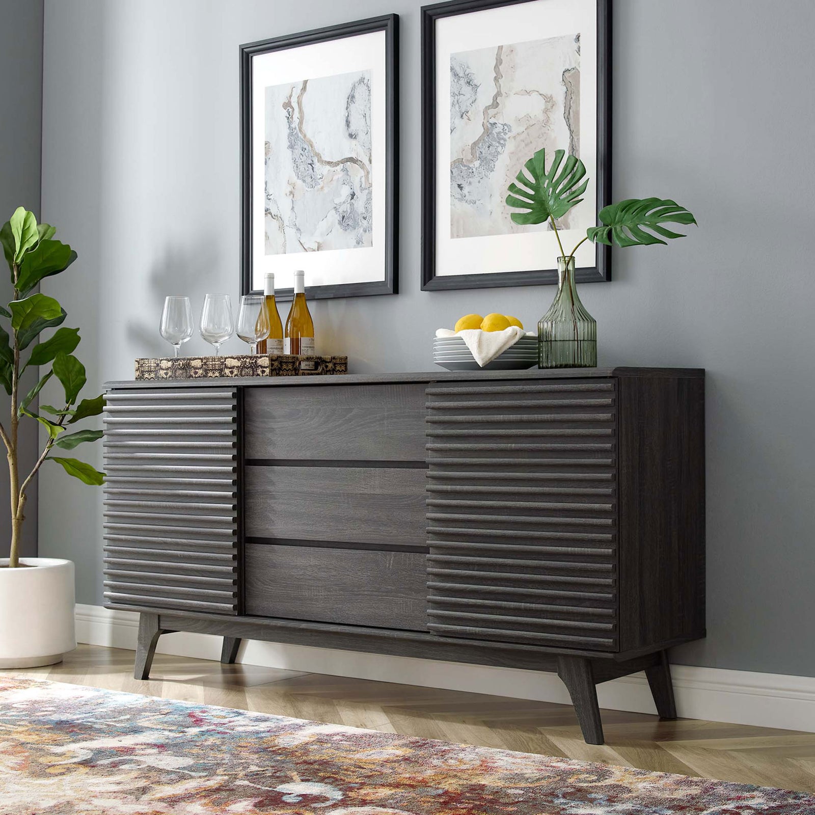 Charcoal sideboard styled in a modern dining room, ready to serve as buffet or media console || EEI-3344-CHA || front_angle_room