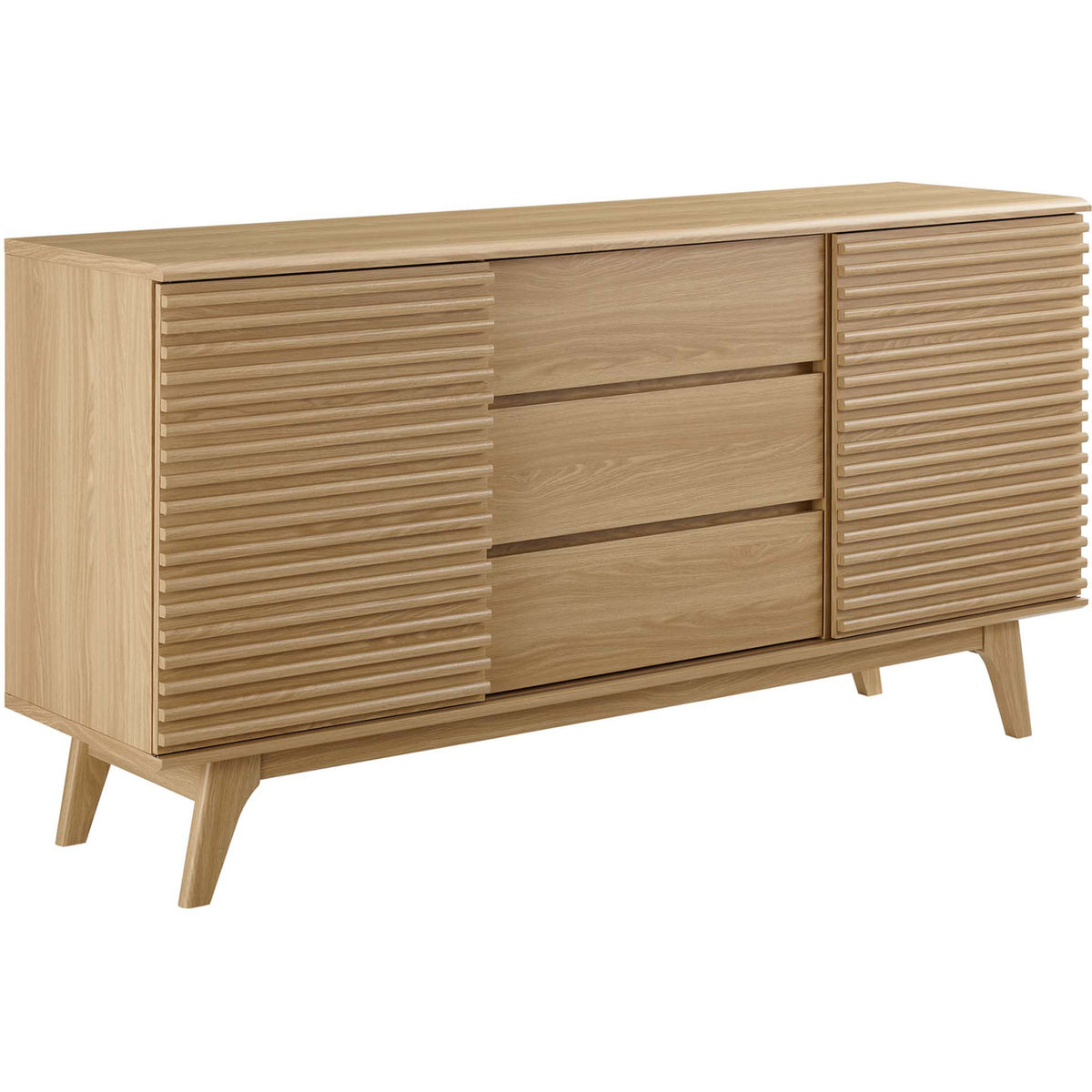 Oak Render sideboard brings warm wood grain, ribbed doors, and mid-century splayed legs || EEI-3344-OAK || front_angle_studio