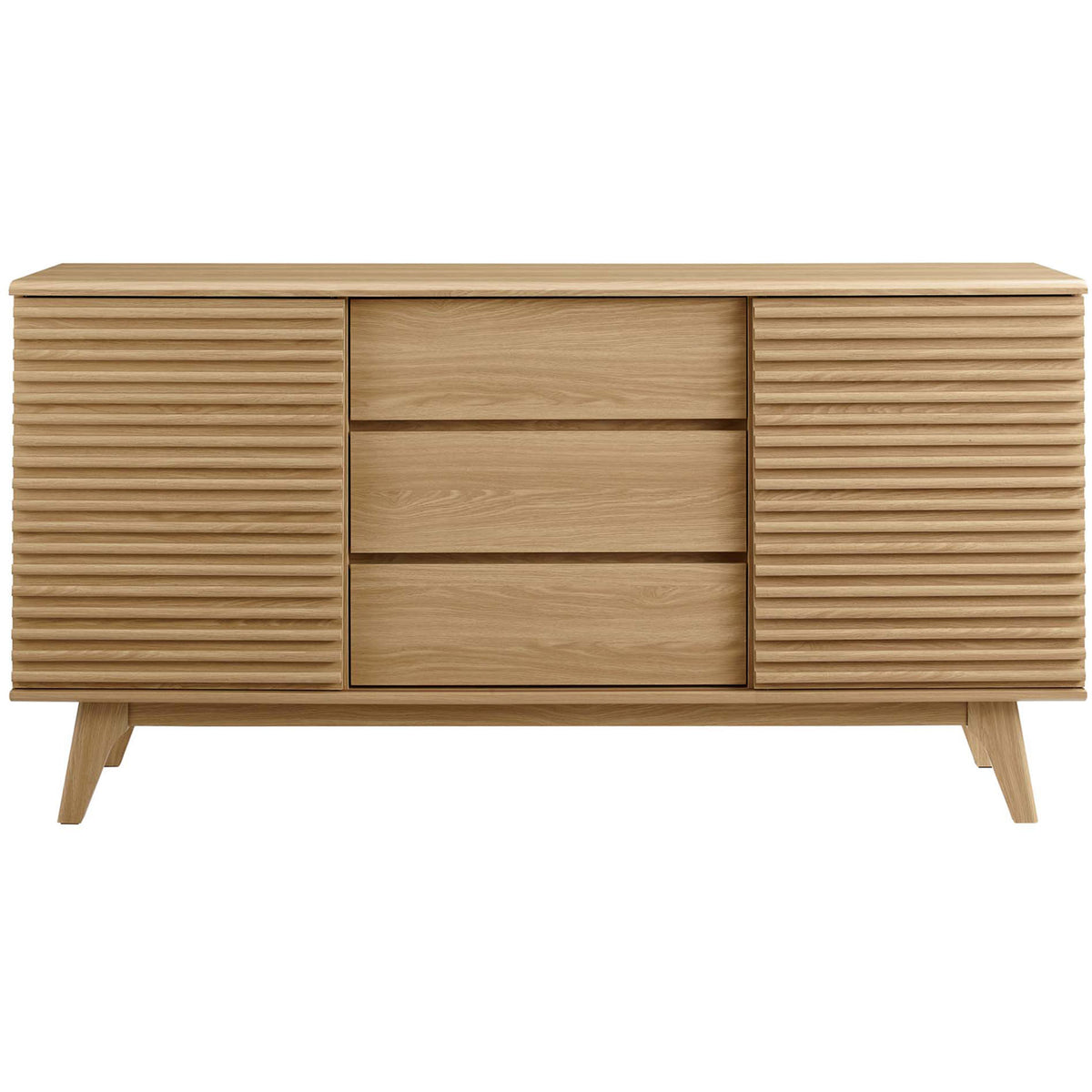 Oak sideboard buffet with louvered sliding doors and three smooth front storage drawers || EEI-3344-OAK || front_studio