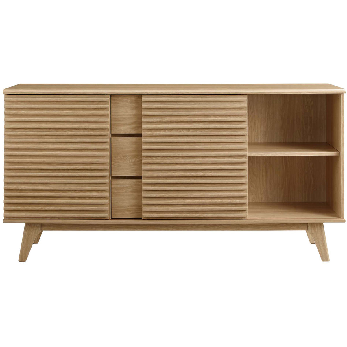 Oak sideboard with one door slid aside, keeping bottles and glassware within easy reach || EEI-3344-OAK || front_open_studio