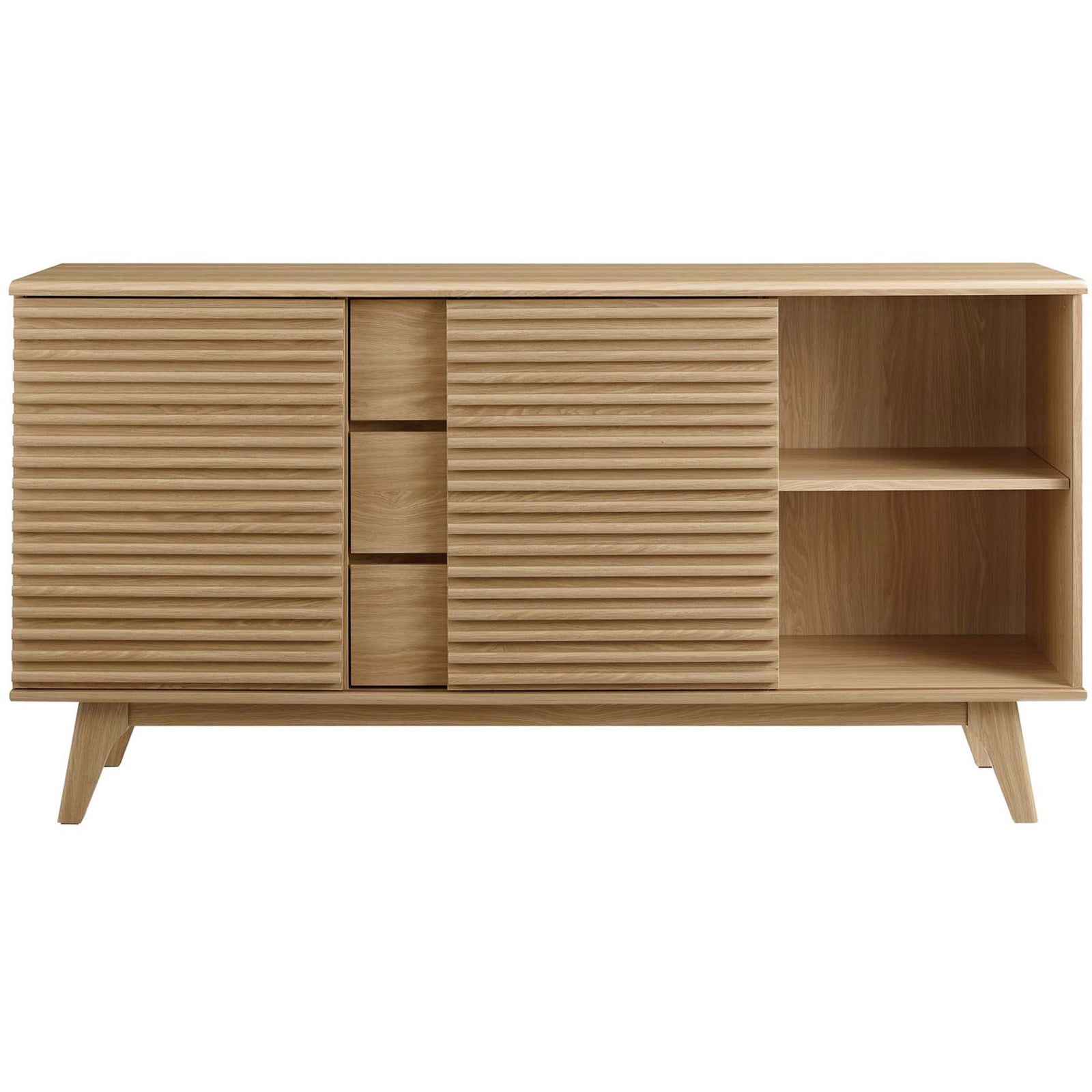 Oak sideboard with one door slid aside, keeping bottles and glassware within easy reach || EEI-3344-OAK || front_open_studio