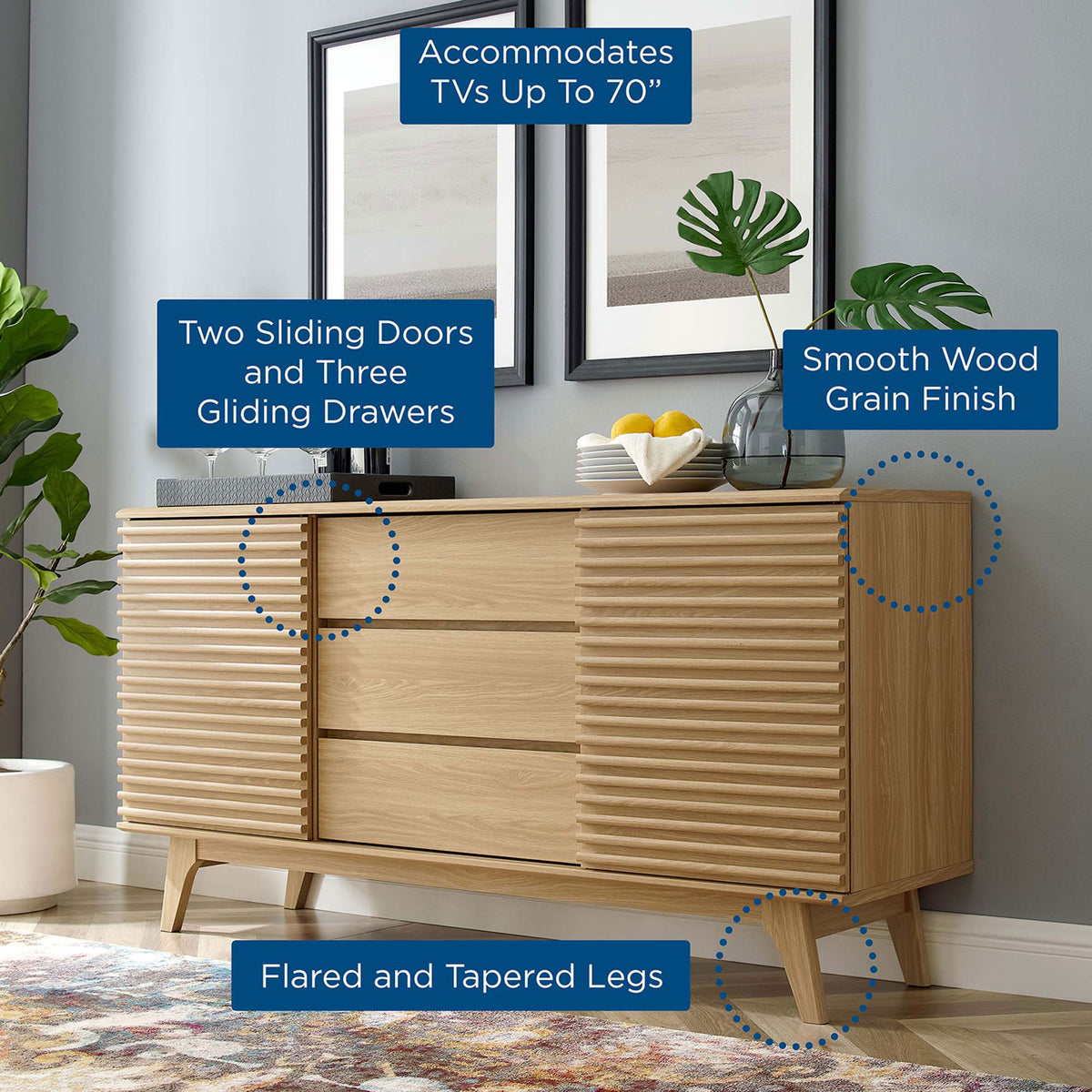 Graphic callouts emphasize the oak sideboard's TV capacity, storage drawers, doors, and tapered legs || EEI-3344-OAK || callout_room