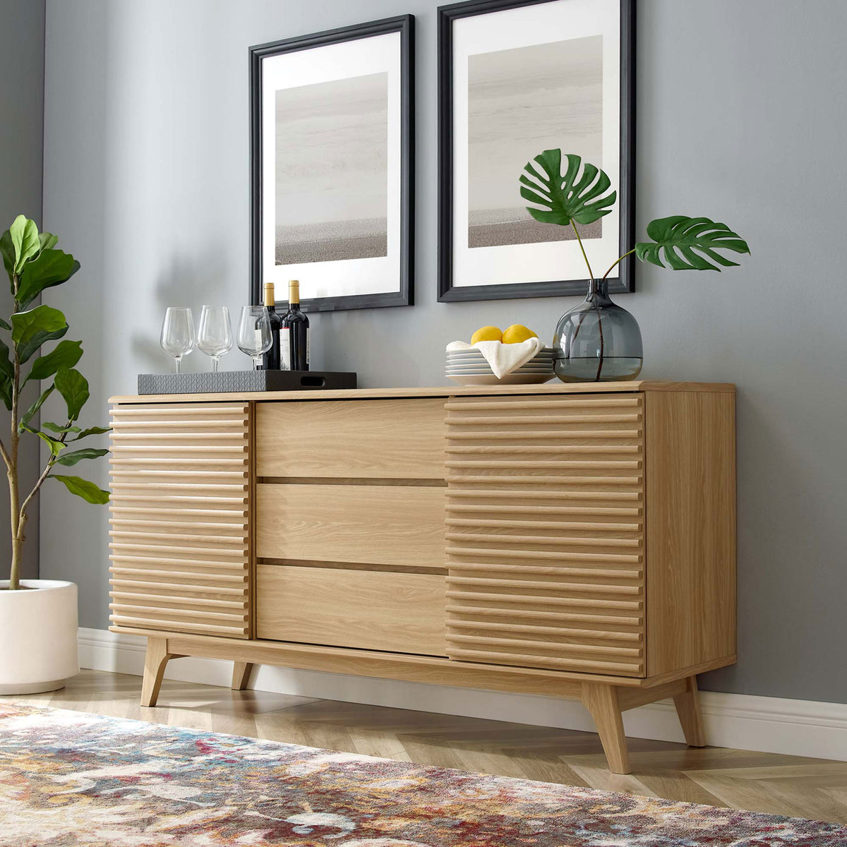Oak sideboard styled for everyday living, ideal as a buffet, bar cabinet, or TV console || EEI-3344-OAK || front_angle_room
