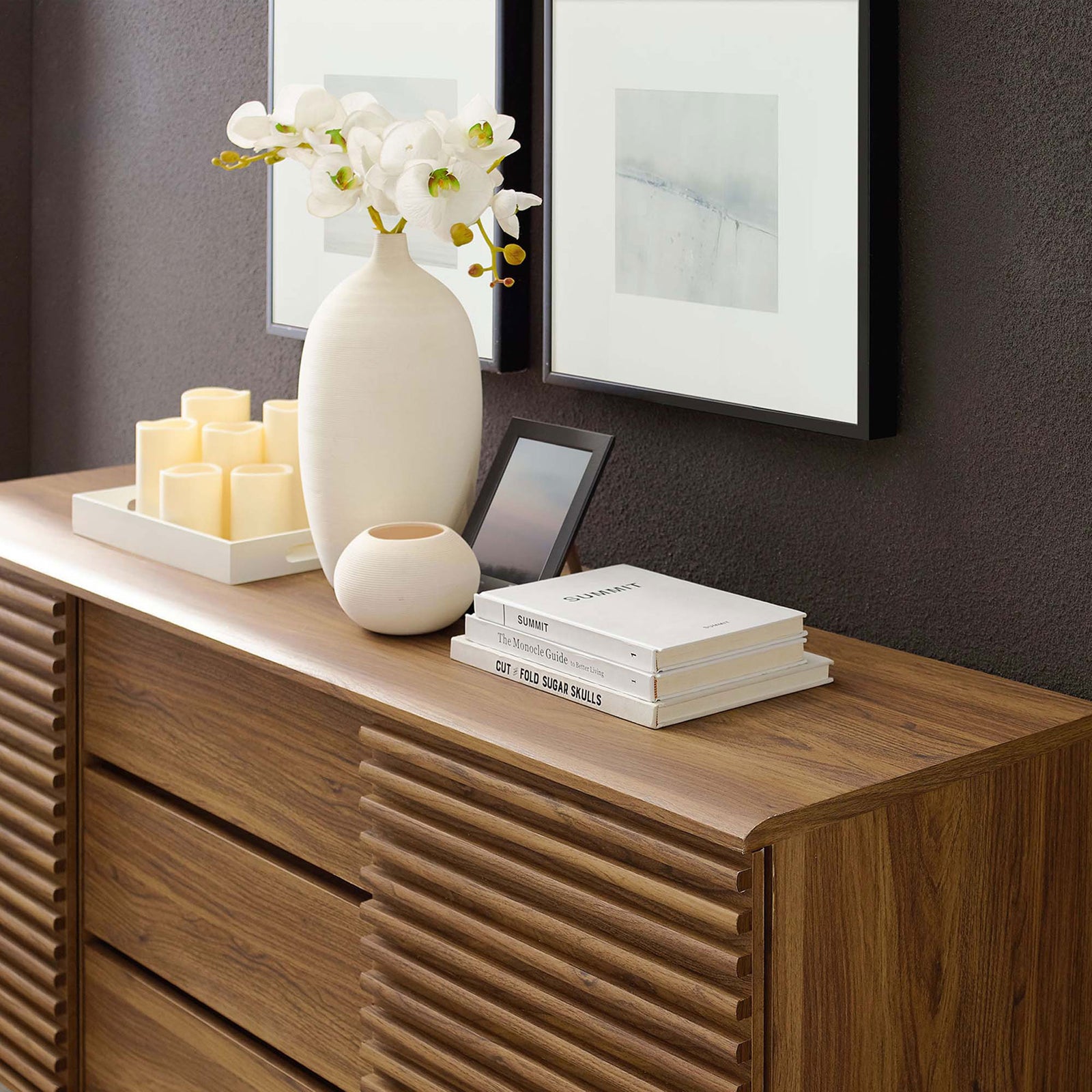 Walnut buffet top offers space for decor, candles, and framed photos to personalize your room || EEI-3344-WAL || detail_room
