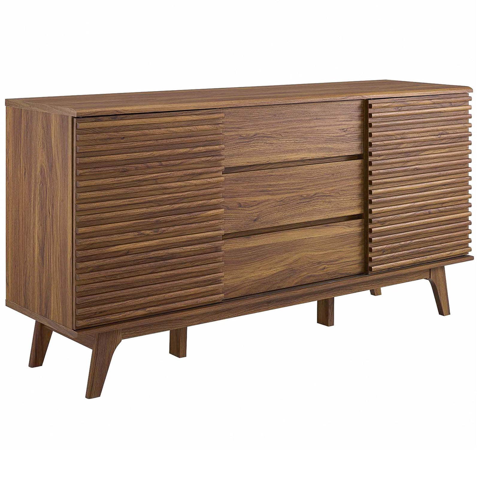 Walnut Render sideboard brings rich wood grain, ribbed doors, and gracefully splayed legs || EEI-3344-WAL || front_angle_studio