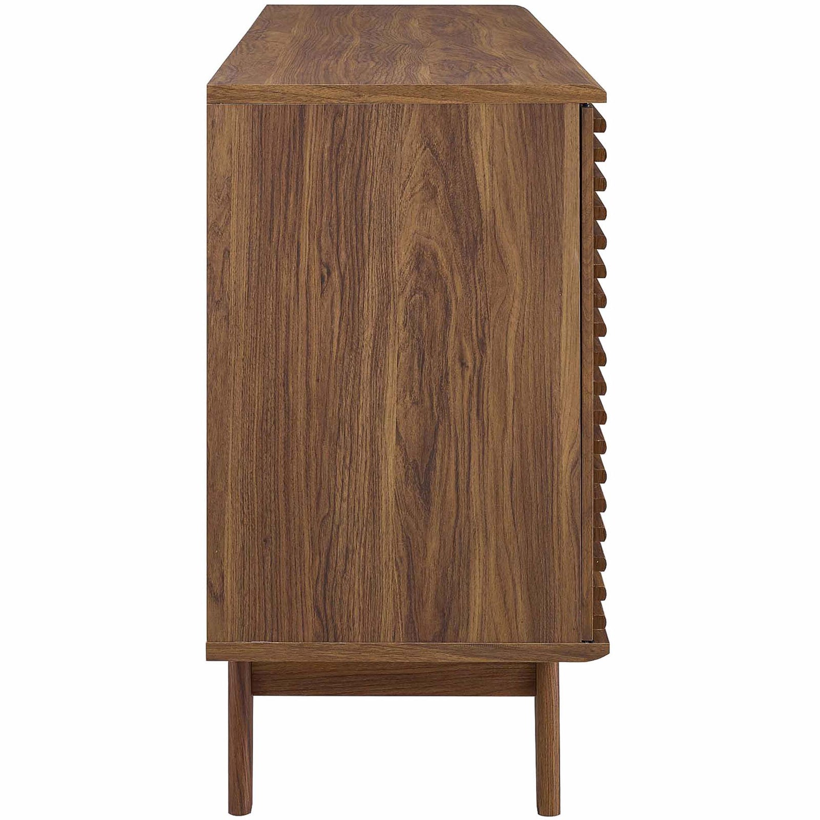 Smooth walnut wood grain extends along the cabinet for a streamlined, modern presence || EEI-3344-WAL || side_studio