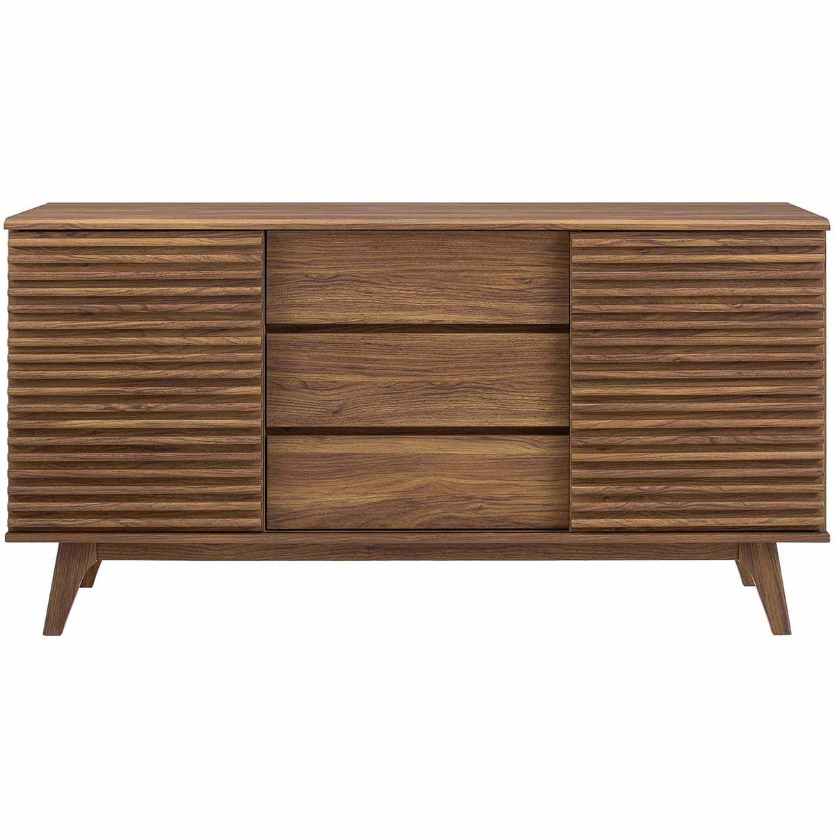 Walnut sideboard buffet with textured sliding doors and three center storage drawers || EEI-3344-WAL || front_studio