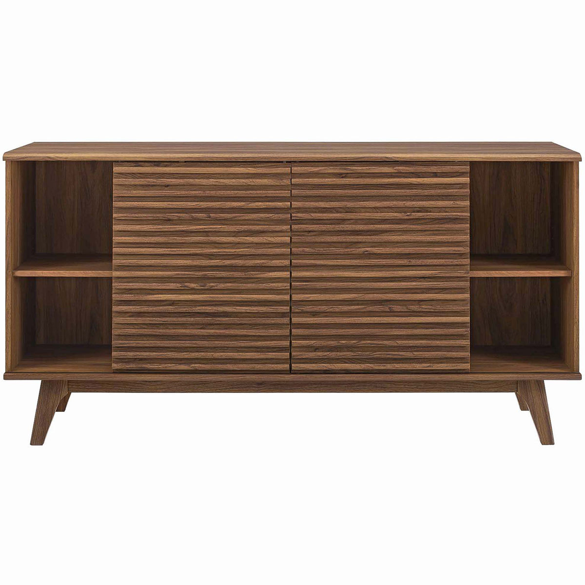 Walnut buffet with doors centered to reveal open shelving for dishes, bowls, and decor || EEI-3344-WAL || front_open_studio