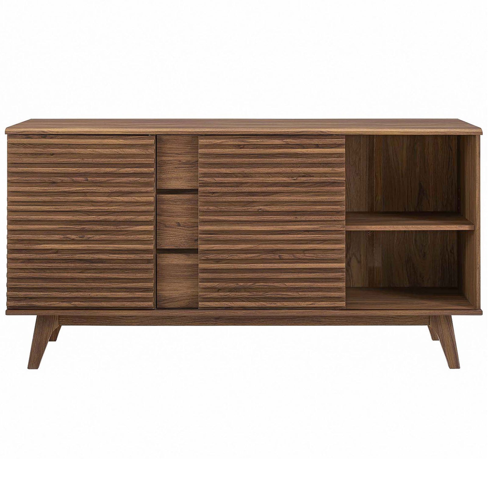 Walnut sideboard with right door slid open, keeping serveware and bar accessories handy || EEI-3344-WAL || front_open_studio