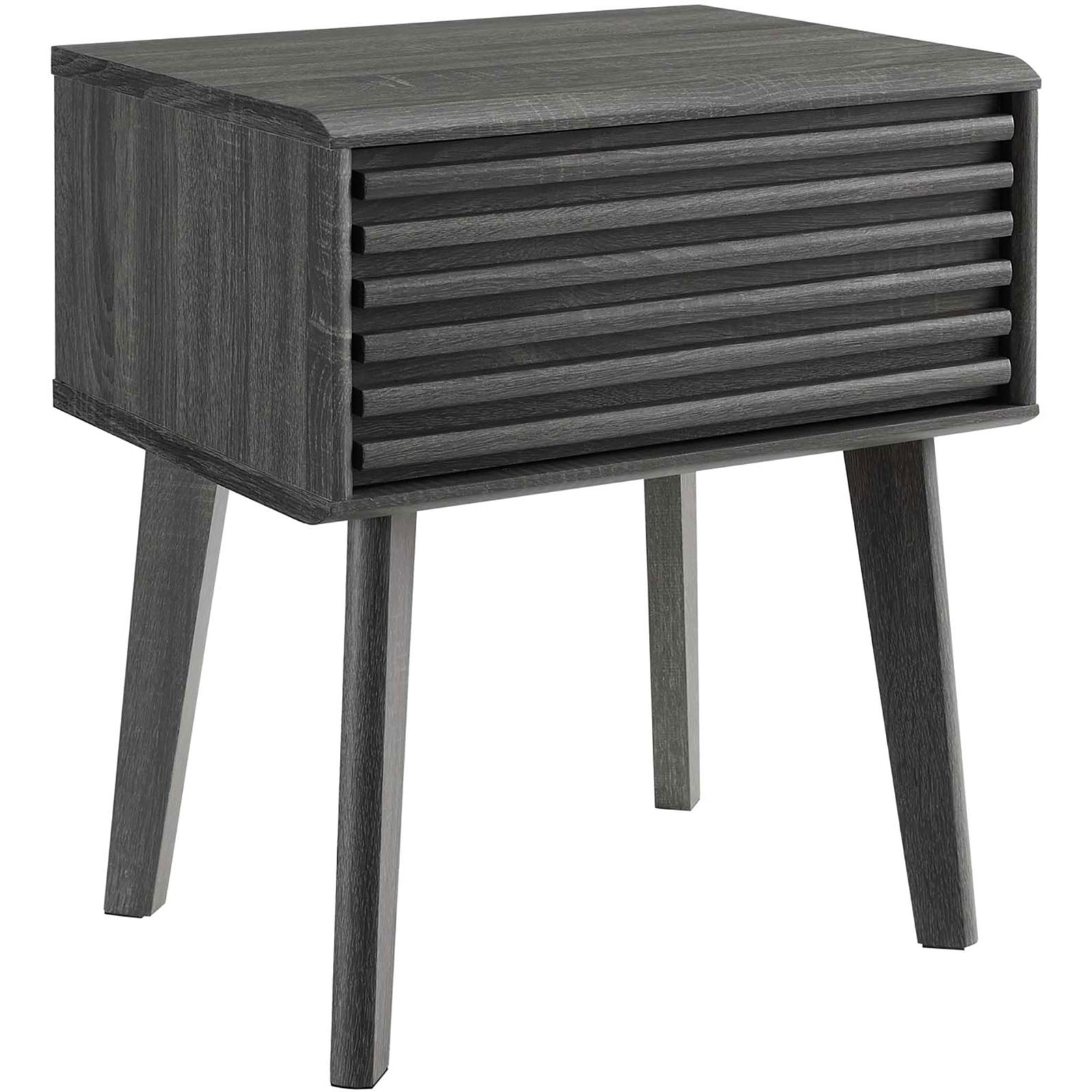Compact charcoal end table with textured drawer front and sleek rounded edges || EEI-3345-CHA || front_angle_studio