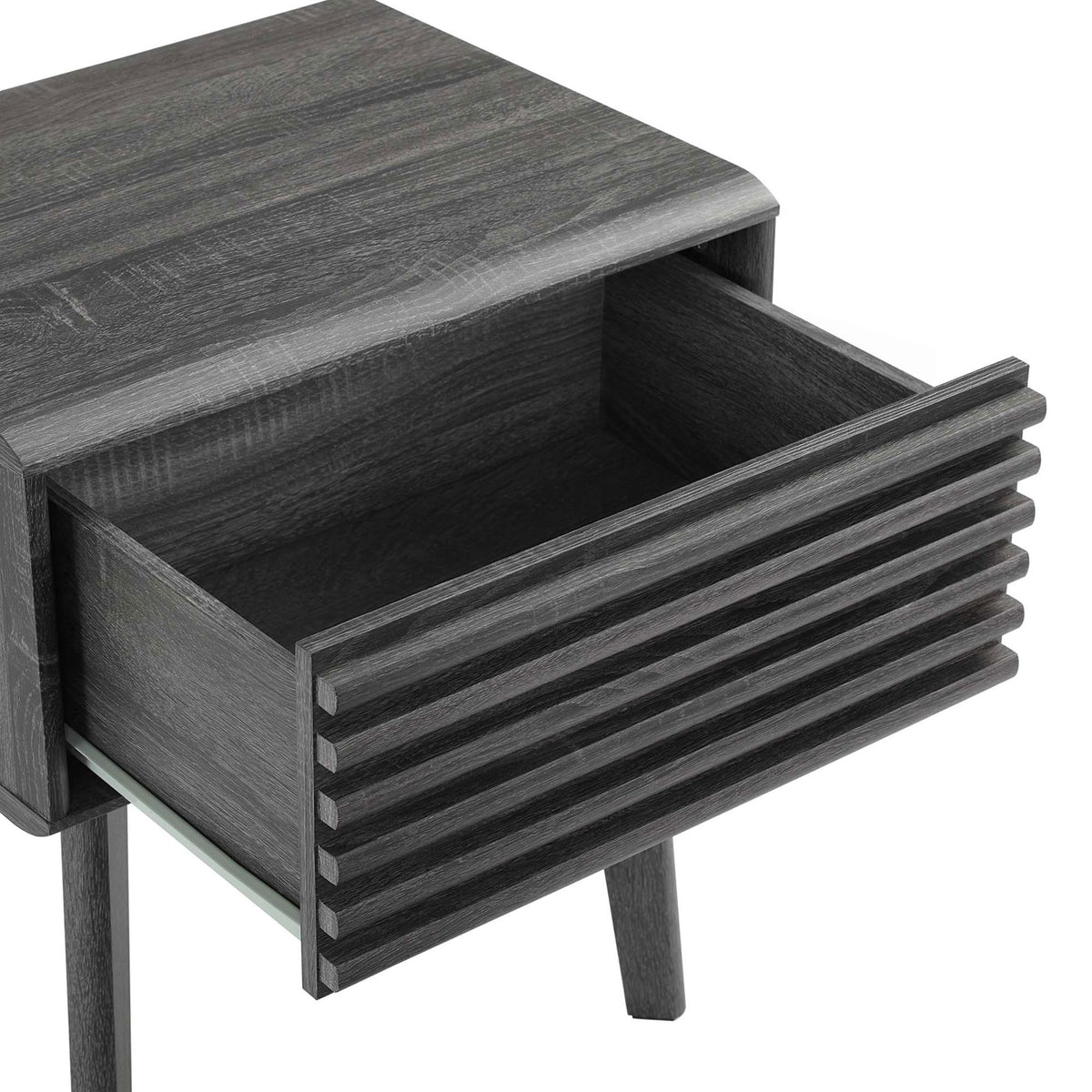 Open drawer revealing spacious storage inside charcoal wood nightstand with slatted front || EEI-3345-CHA || storage_open_studio
