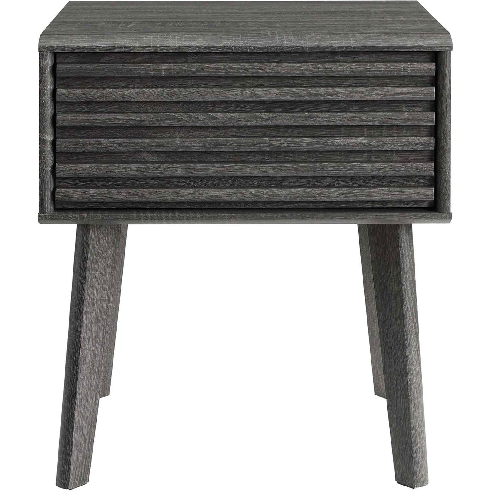 Charcoal wood nightstand with slatted drawer front and mid-century tapered legs || EEI-3345-CHA || front_studio