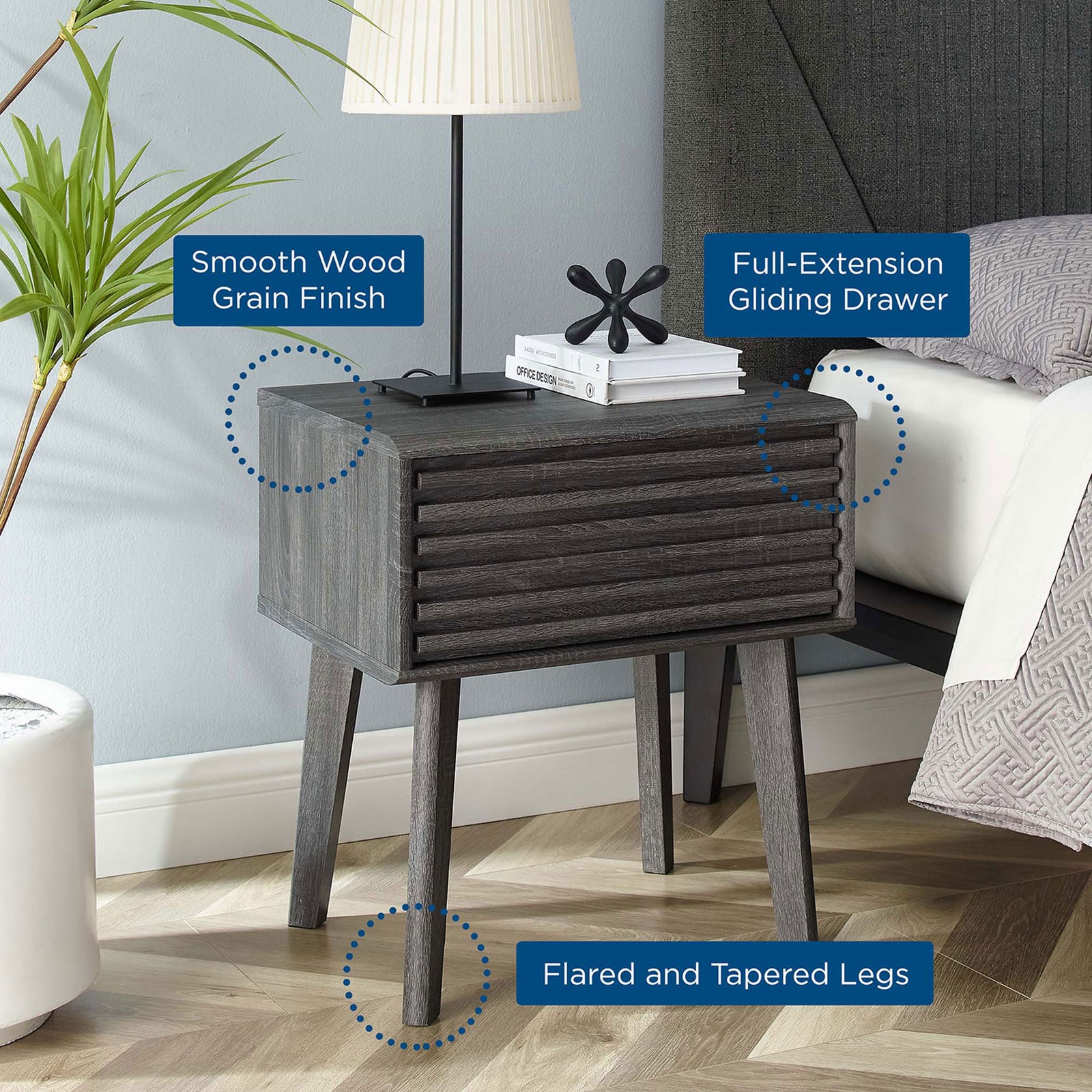 Charcoal mid-century nightstand styled in bedroom with highlighted wood grain, drawer, and legs || EEI-3345-CHA || callout_room