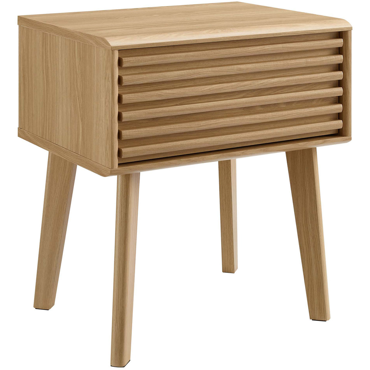 Mid-century oak end table with slatted drawer front and tall tapered legs || EEI-3345-OAK || front_angle_studio