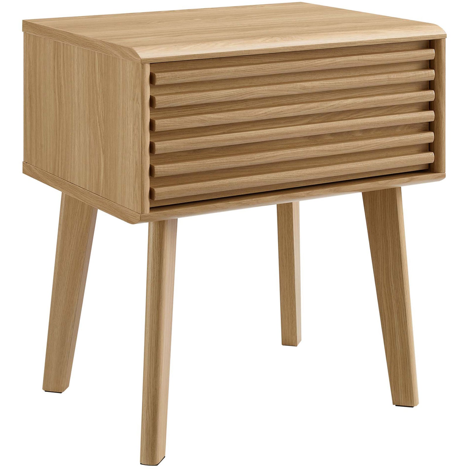 Mid-century oak end table with slatted drawer front and tall tapered legs || EEI-3345-OAK || front_angle_studio