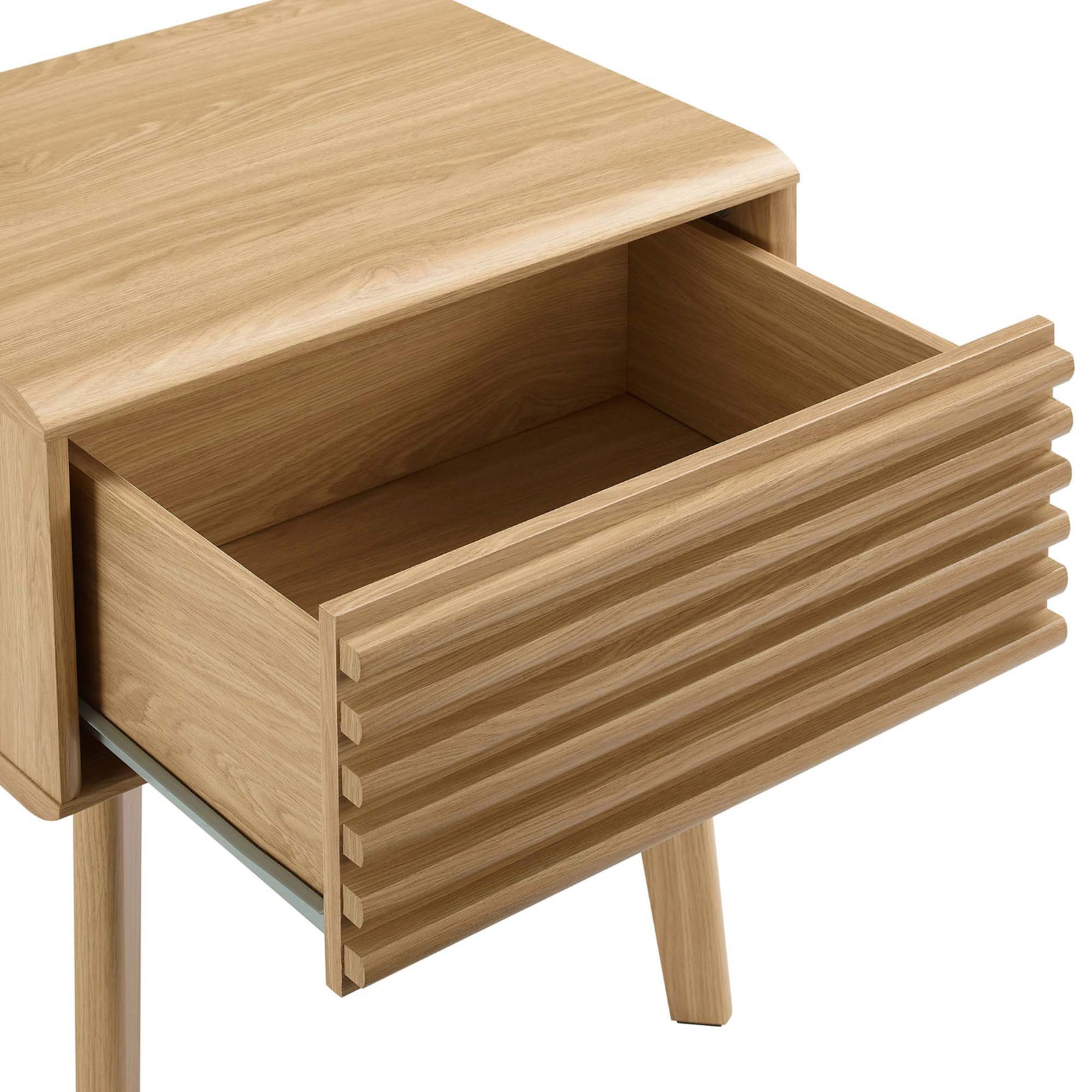Open drawer reveals full-extension glides and generous storage space || EEI-3345-OAK || storage_open_studio