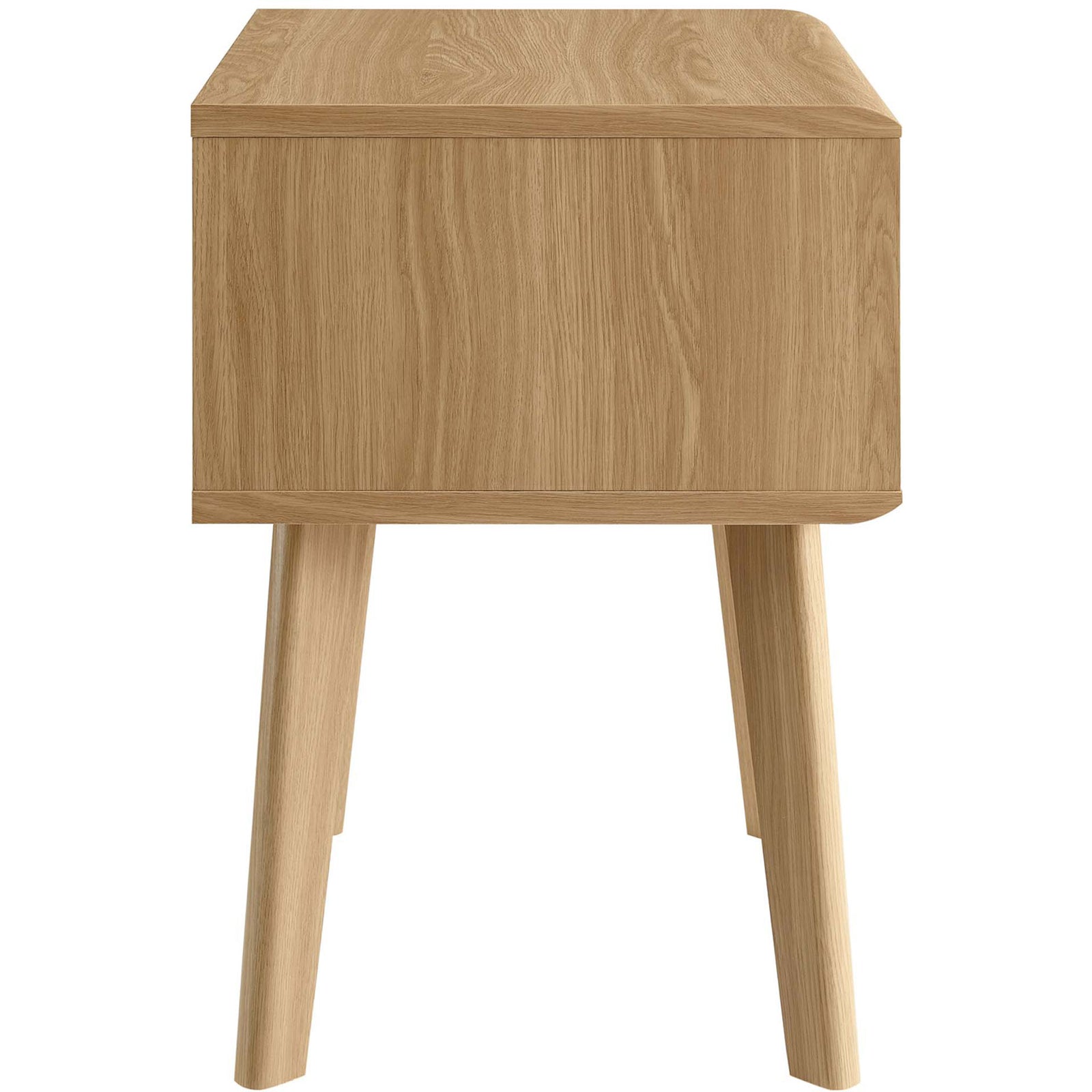 Smooth oak side panel with tapered legs emphasizes clean mid-century lines || EEI-3345-OAK || side_studio
