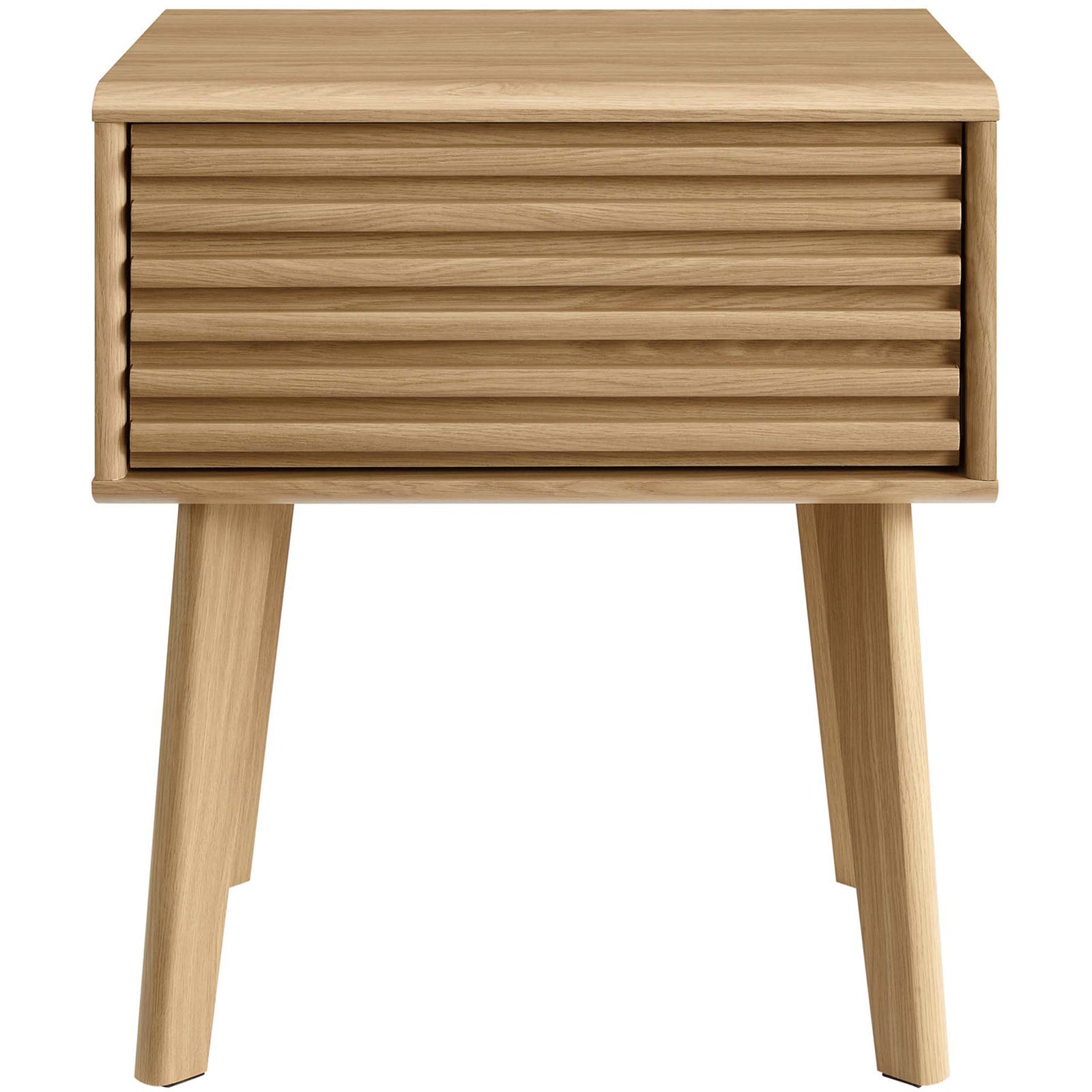 Slatted drawer front and simple frame create a streamlined mid-century nightstand || EEI-3345-OAK || front_studio