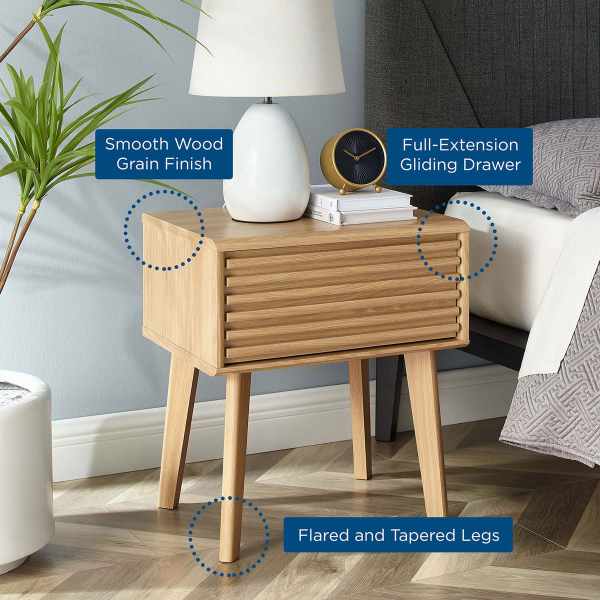 Bedroom nightstand with graphic callouts for wood grain finish, drawer, and legs || EEI-3345-OAK || callout_room