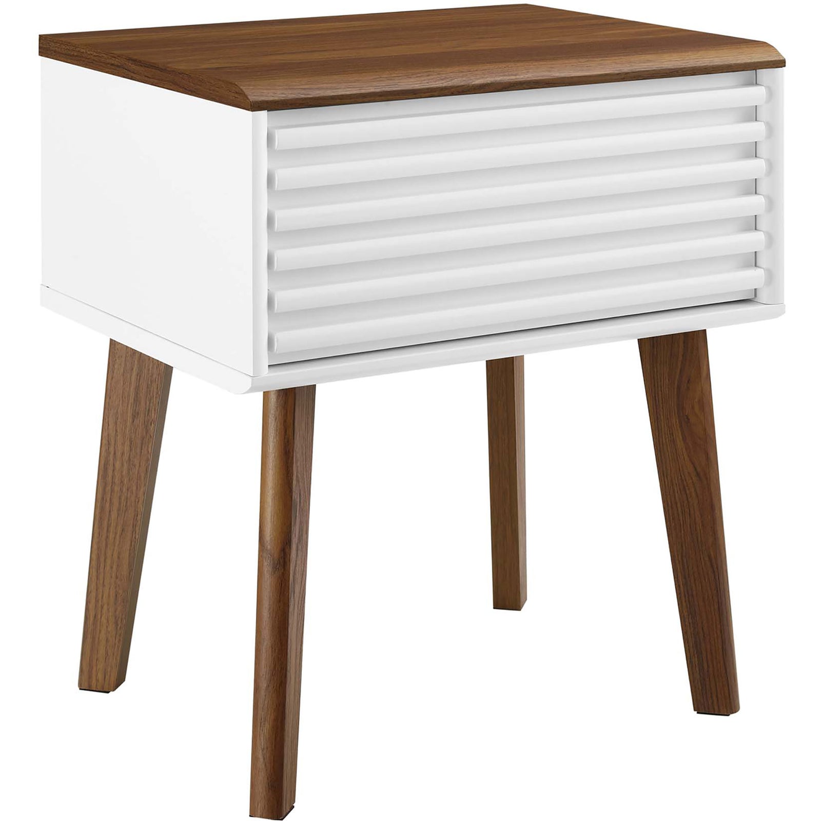 Mid-century walnut and white end table with slatted drawer front and tapered wood legs || EEI-3345-WAL-WHI || front_angle_studio