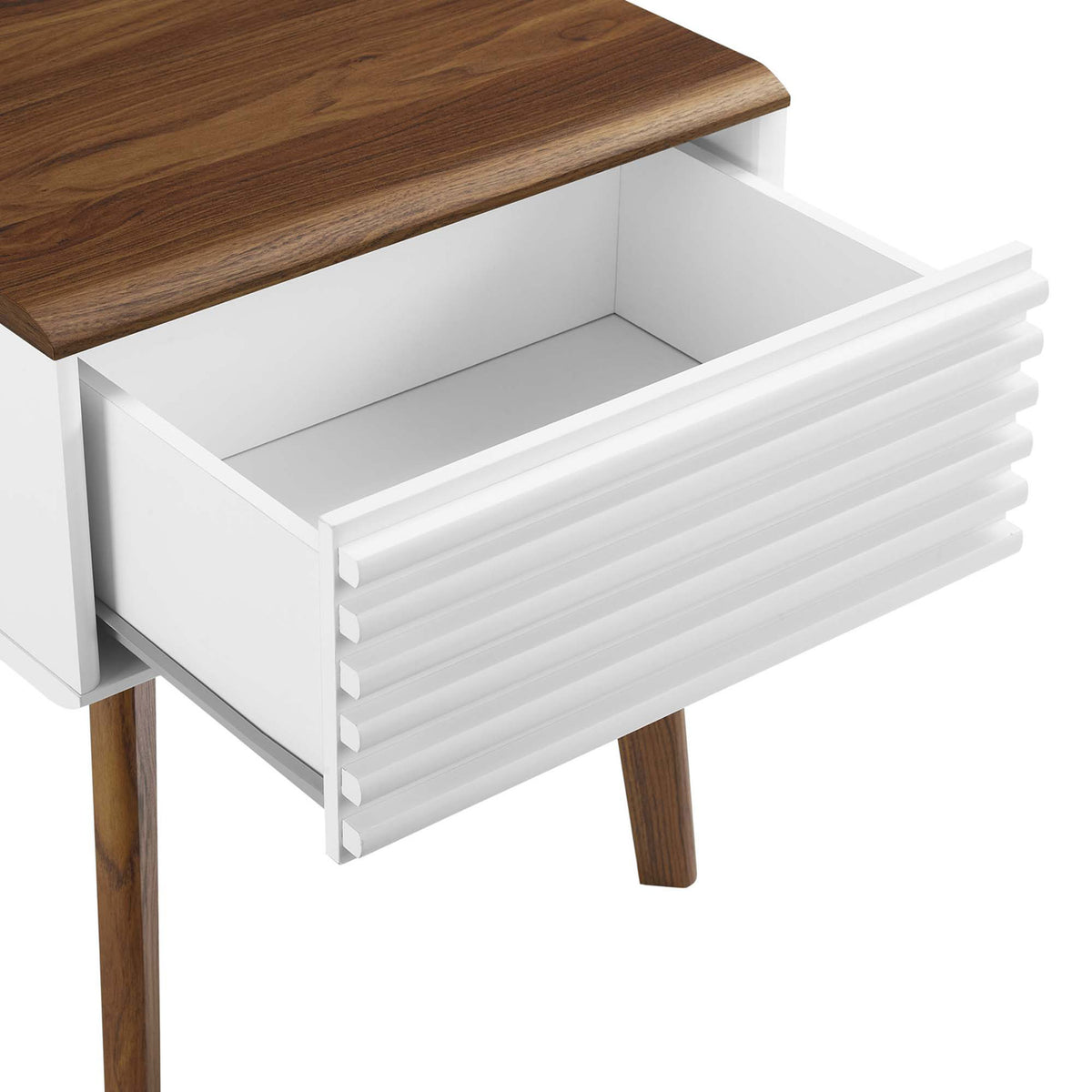 Spacious full-extension drawer with smooth white interior for organizing bedside essentials || EEI-3345-WAL-WHI || storage_open_studio
