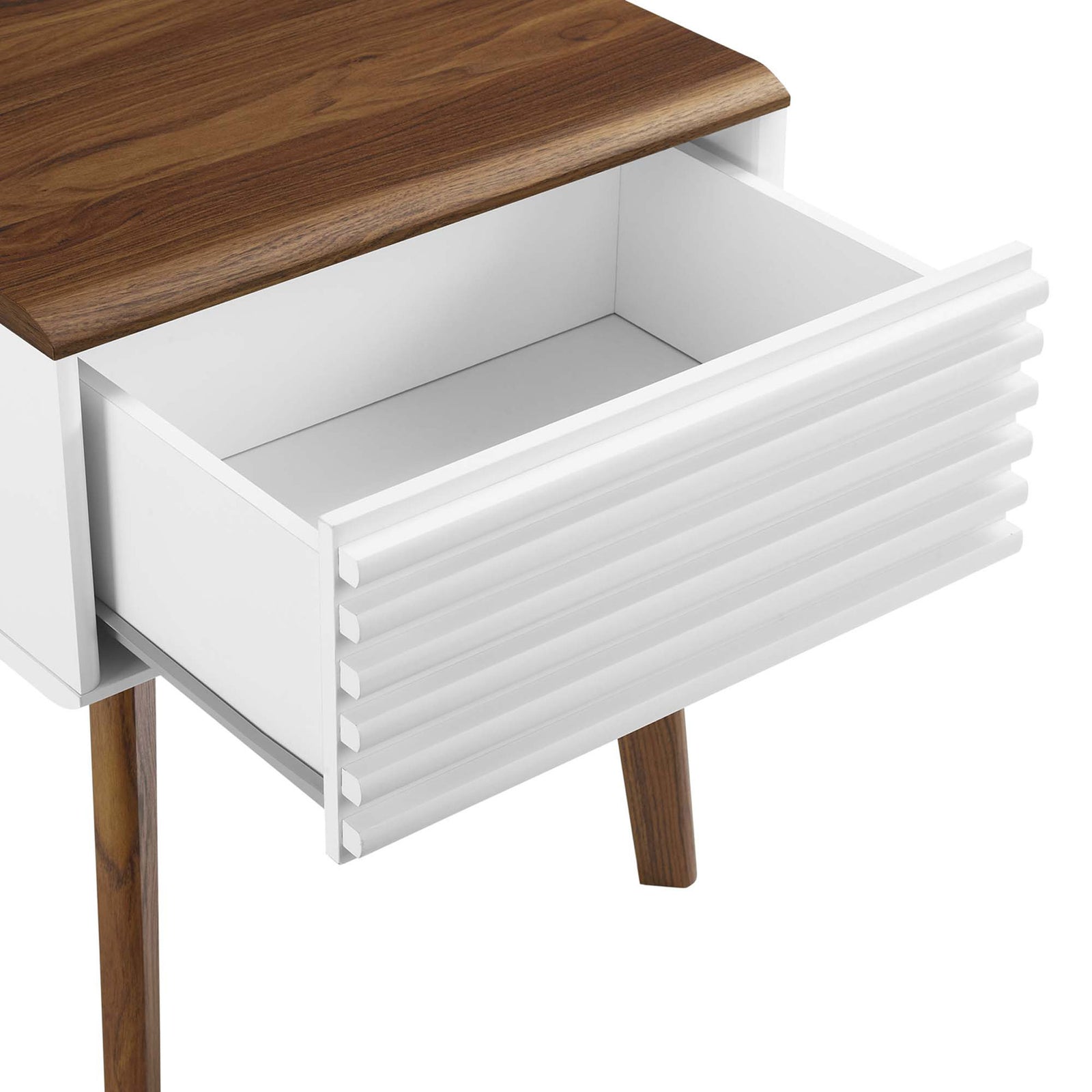 Spacious full-extension drawer with smooth white interior for organizing bedside essentials || EEI-3345-WAL-WHI || storage_open_studio