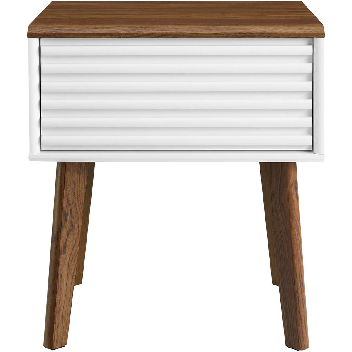 White slatted drawer nightstand with walnut top and warm wood legs for a clean modern look || EEI-3345-WAL-WHI || front_studio
