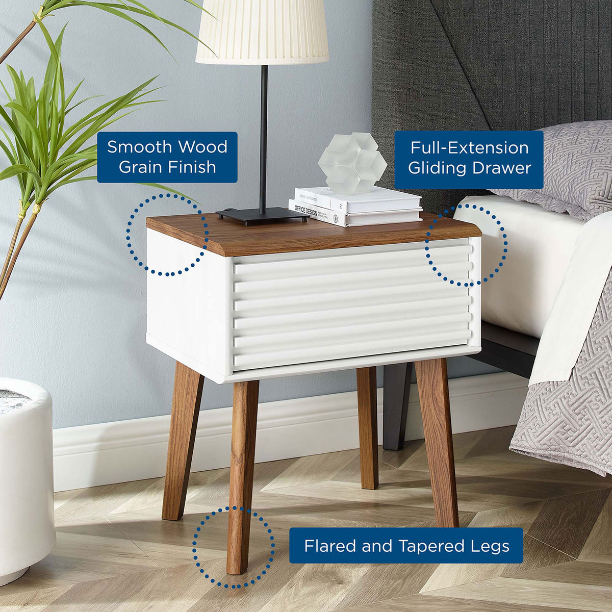 Feature callouts detail the smooth wood grain finish, full-extension drawer, and flared tapered legs || EEI-3345-WAL-WHI || callout_room