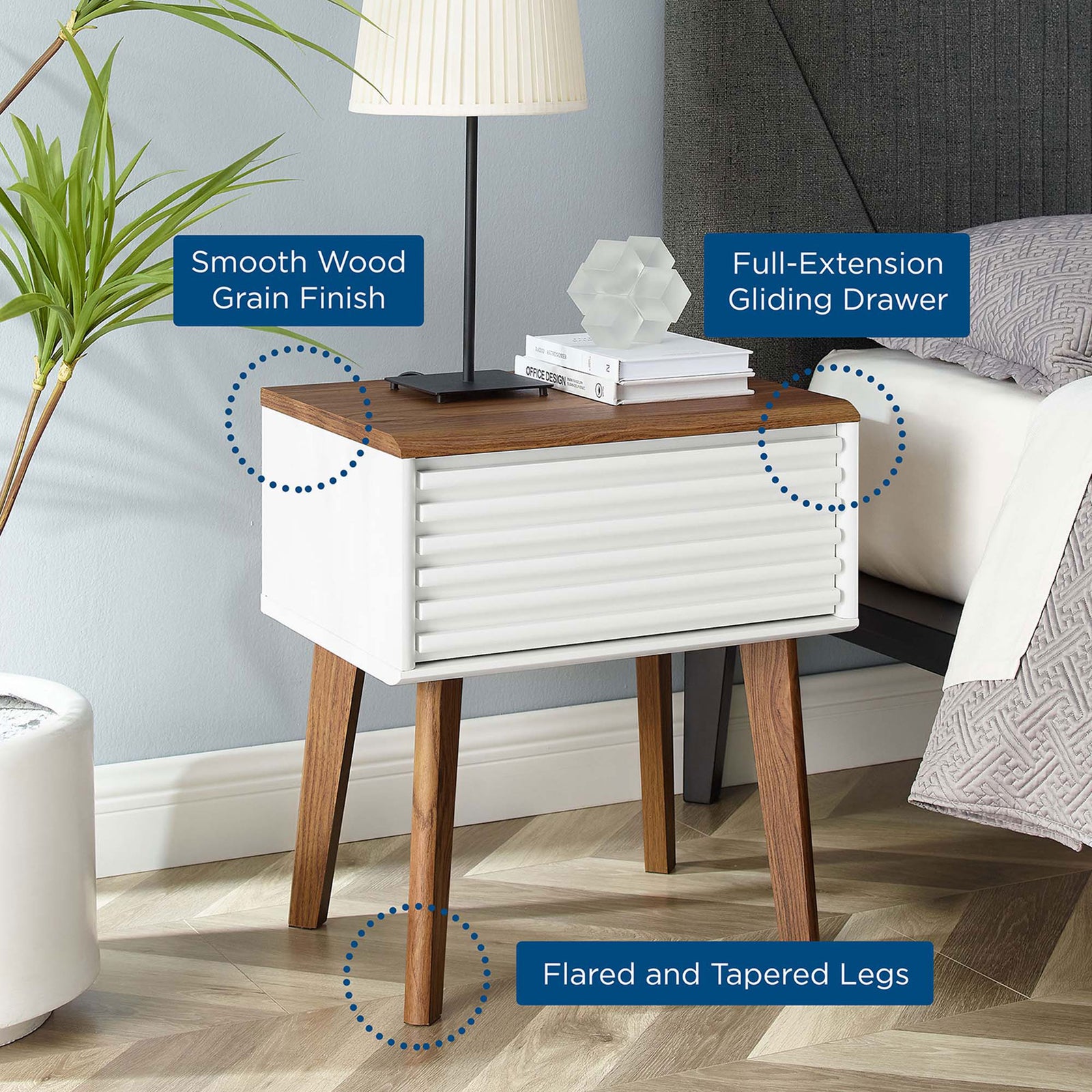 Feature callouts detail the smooth wood grain finish, full-extension drawer, and flared tapered legs || EEI-3345-WAL-WHI || callout_room