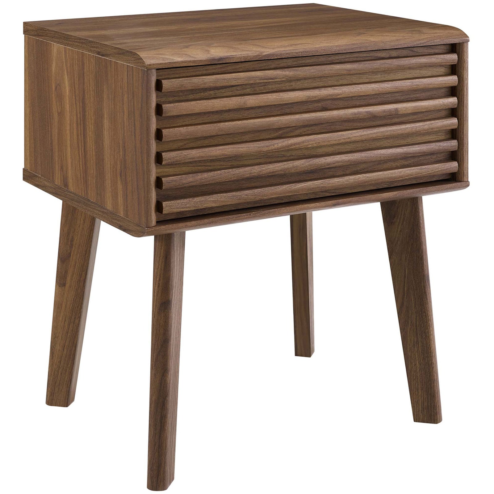 Mid-century walnut end table with slatted drawer front and tapered legs for streamlined bedside storage || EEI-3345-WAL || front_angle_studio