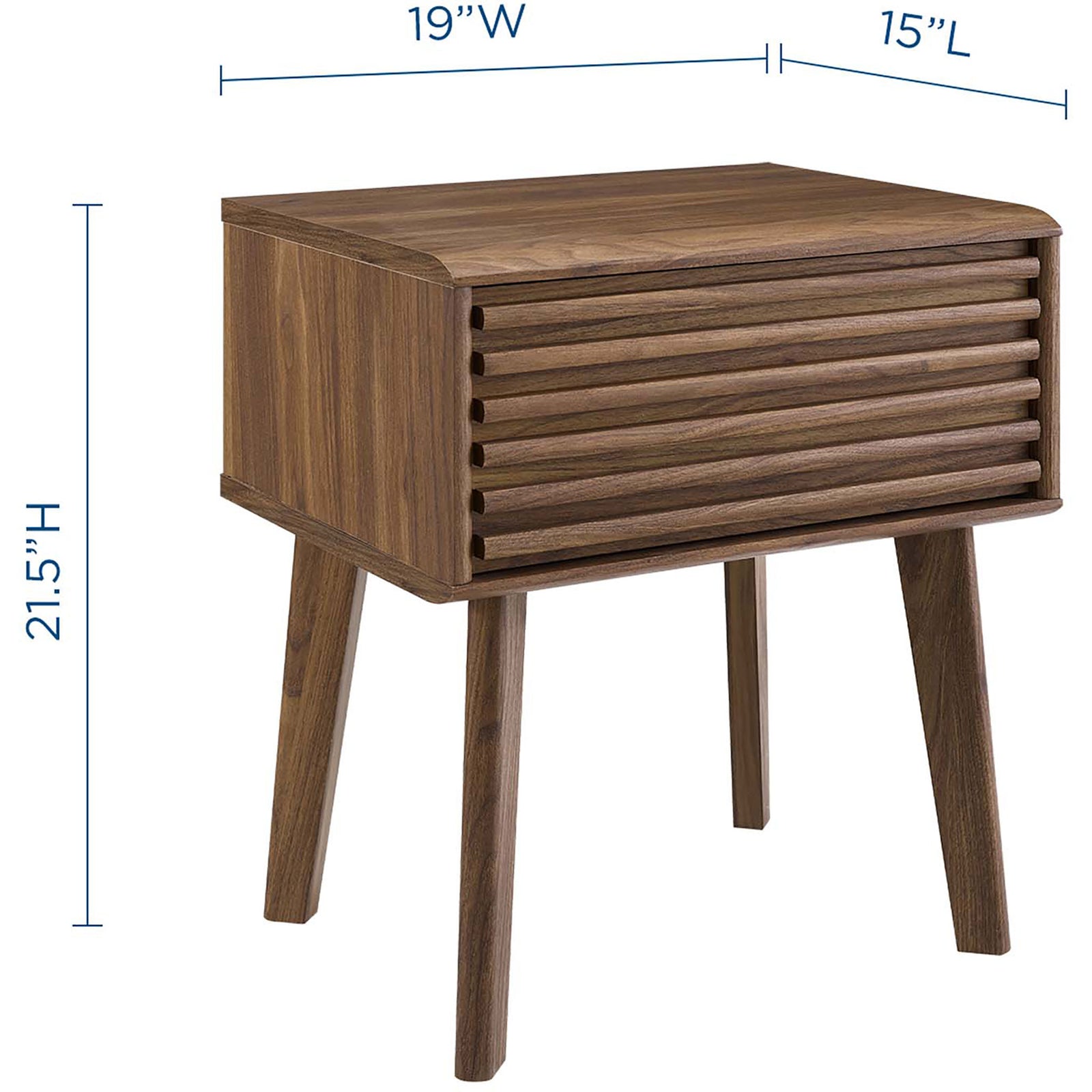 Render walnut nightstand with compact profile and overlay dimensions, ideal for small bedrooms and apartments || EEI-3345-WAL || dimension_studio