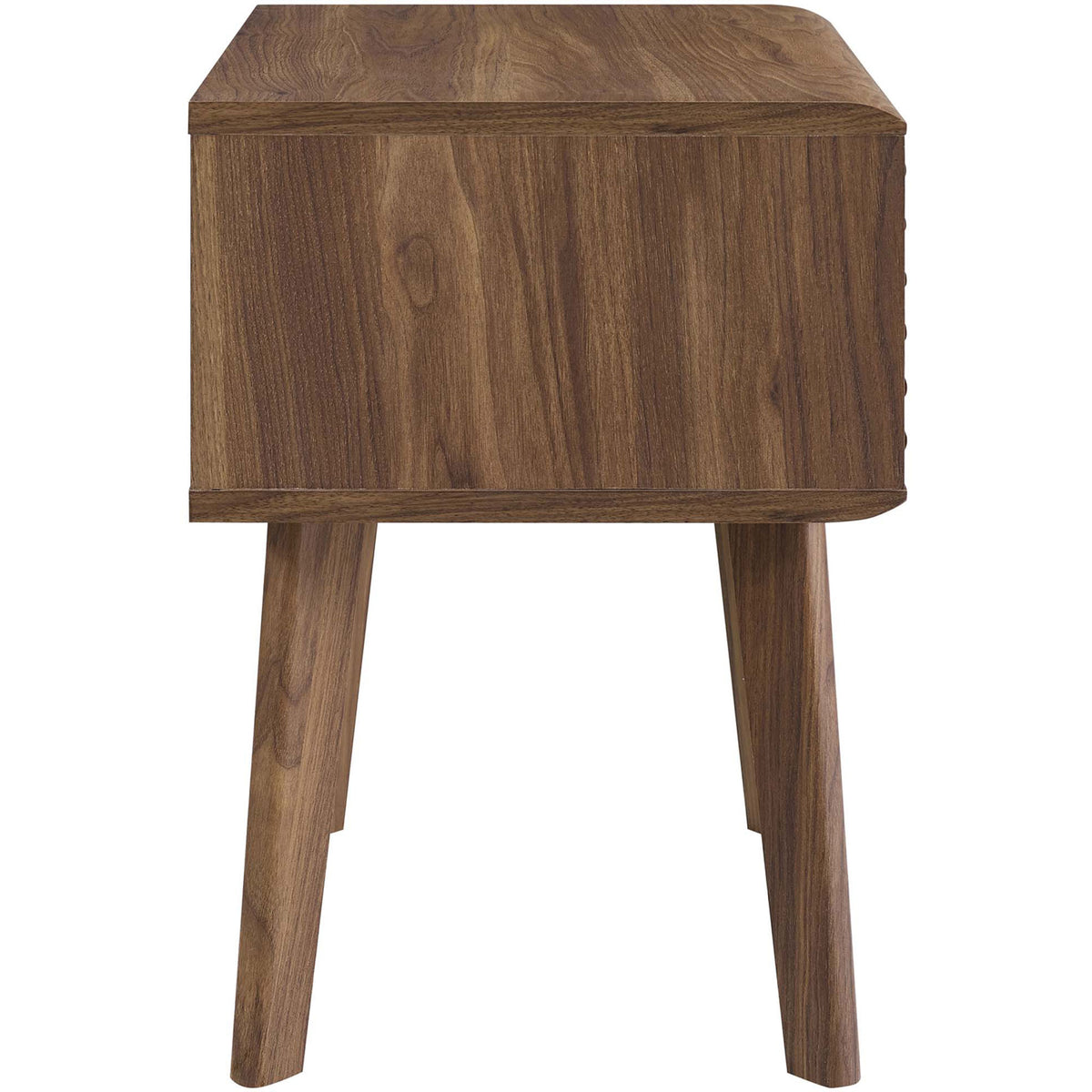 Walnut end table side panel showcases smooth wood grain cabinet and splayed mid-century legs || EEI-3345-WAL || side_studio