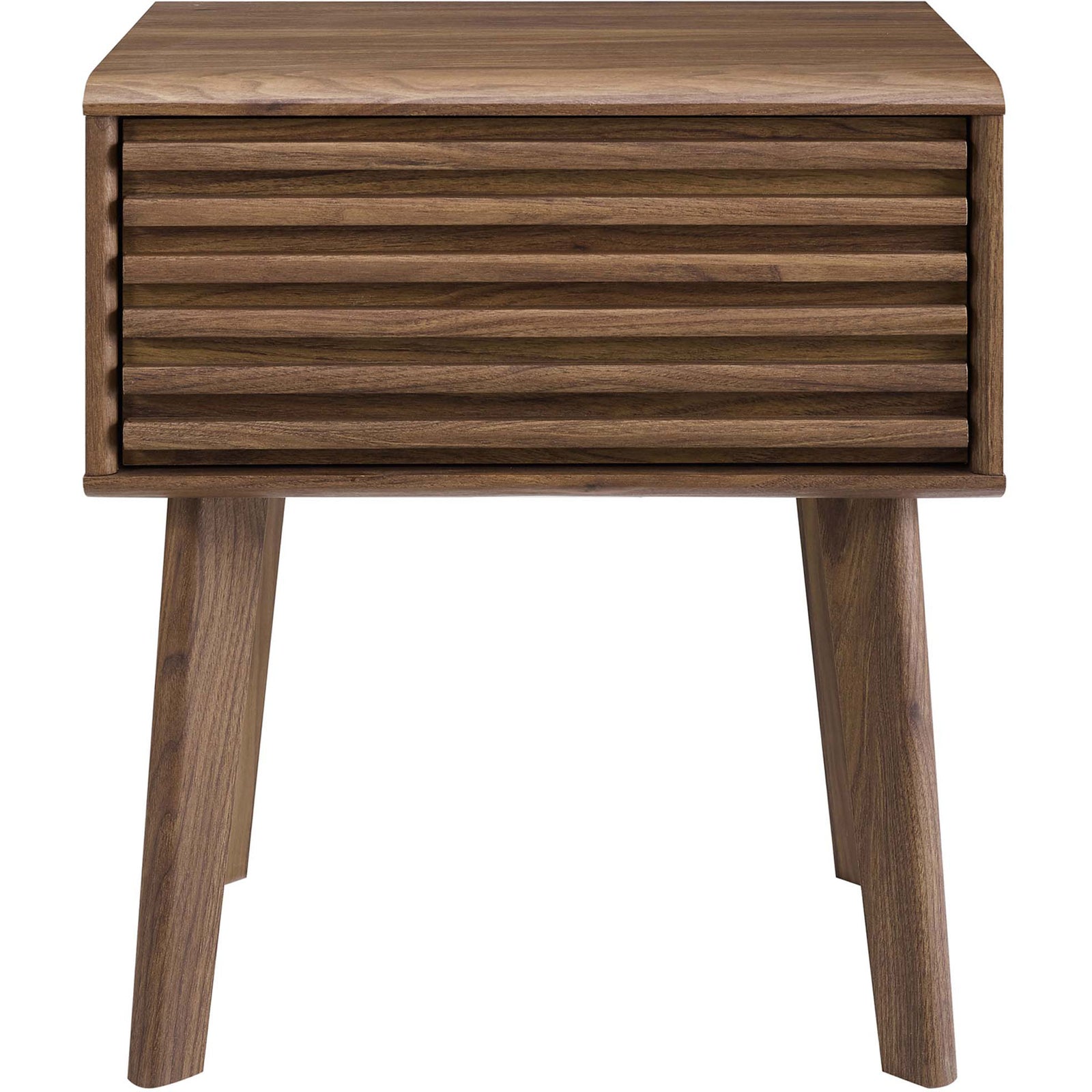 Render walnut nightstand features horizontal slatted drawer front and clean, boxy silhouette || EEI-3345-WAL || front_studio