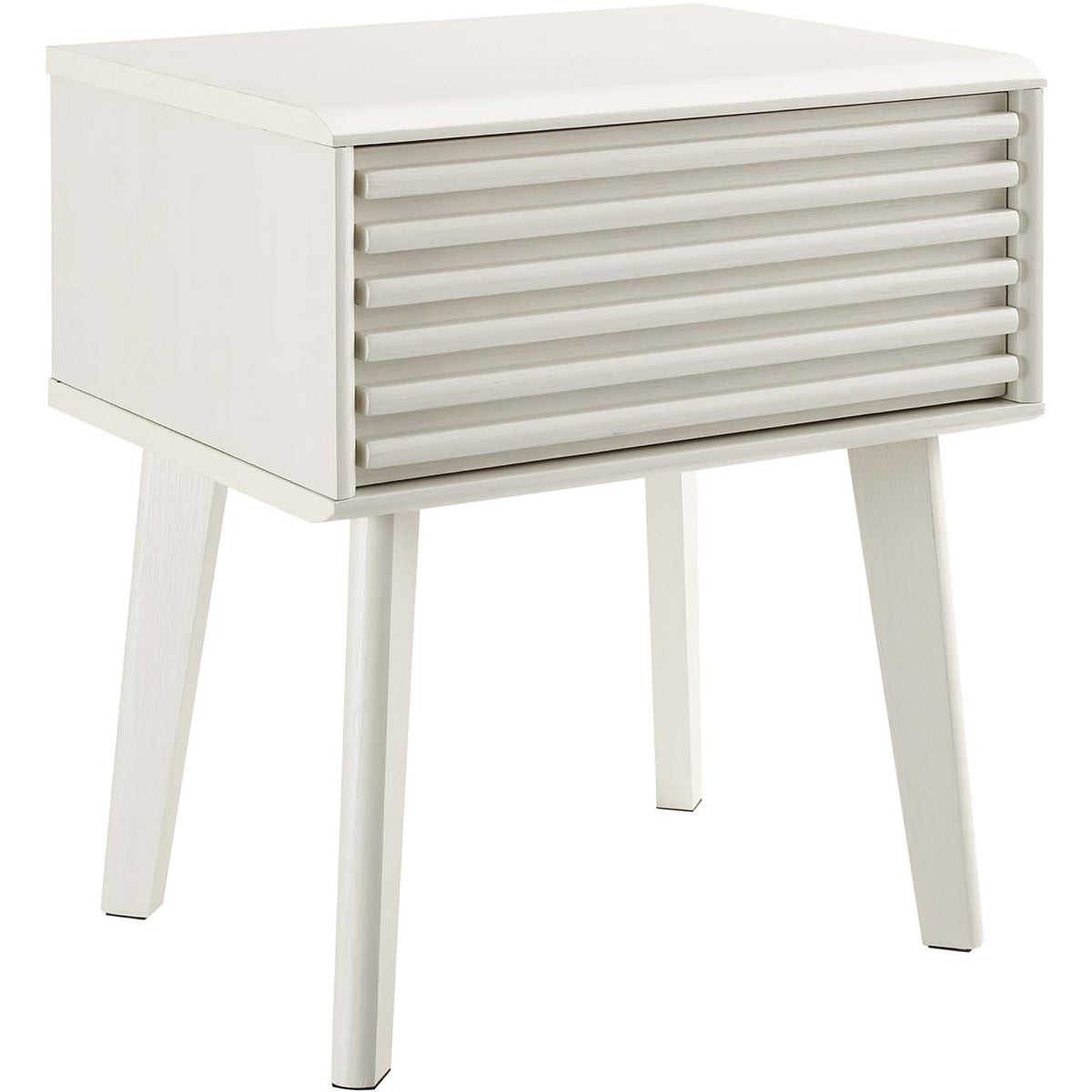 White Render end table with smooth wood grain finish, ribbed drawer face, and slim tapered legs for modern spaces. || EEI-3345-WHI || front_angle_studio