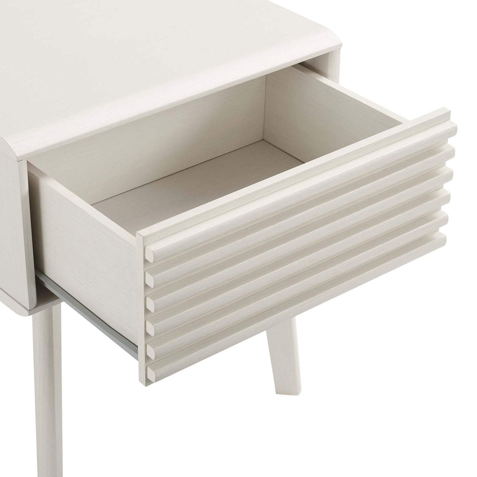 Spacious white drawer glides smoothly open to reveal ample storage space for bedside essentials. || EEI-3345-WHI || storage_open_studio
