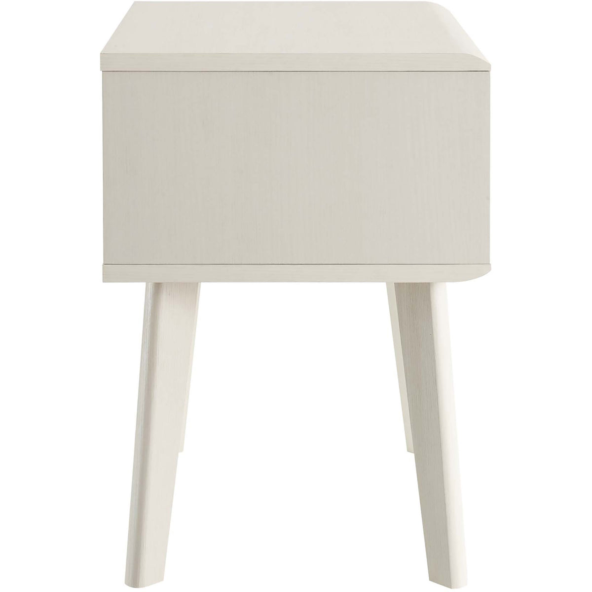 Slim white nightstand profile showcasing clean lines and splayed wood legs that bring mid-century style to your room. || EEI-3345-WHI || side_studio