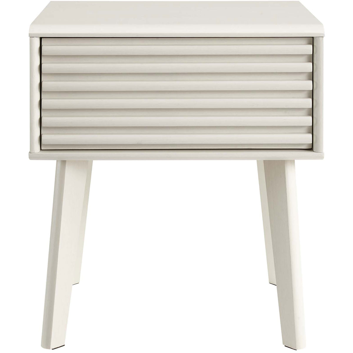 Crisp white mid-century nightstand with slatted drawer front and tall tapered legs for airy bedside storage. || EEI-3345-WHI || front_studio