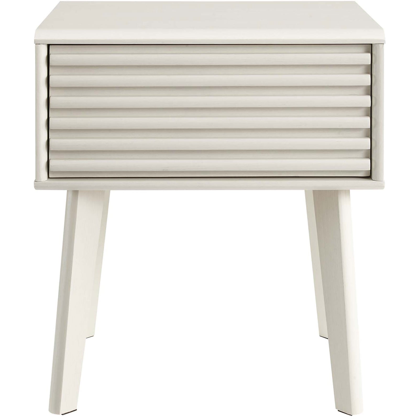 Crisp white mid-century nightstand with slatted drawer front and tall tapered legs for airy bedside storage. || EEI-3345-WHI || front_studio