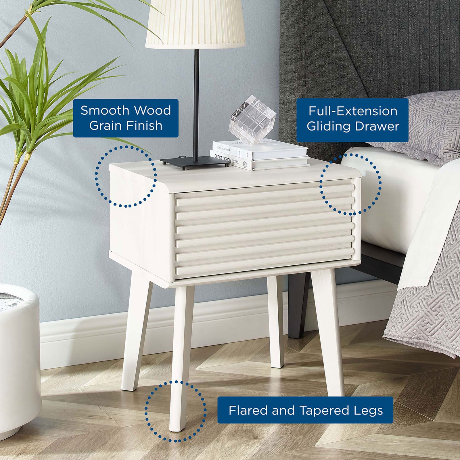 Render nightstand with feature callouts highlighting smooth wood grain, full-extension drawer glides, and tapered legs. || EEI-3345-WHI || callout_room