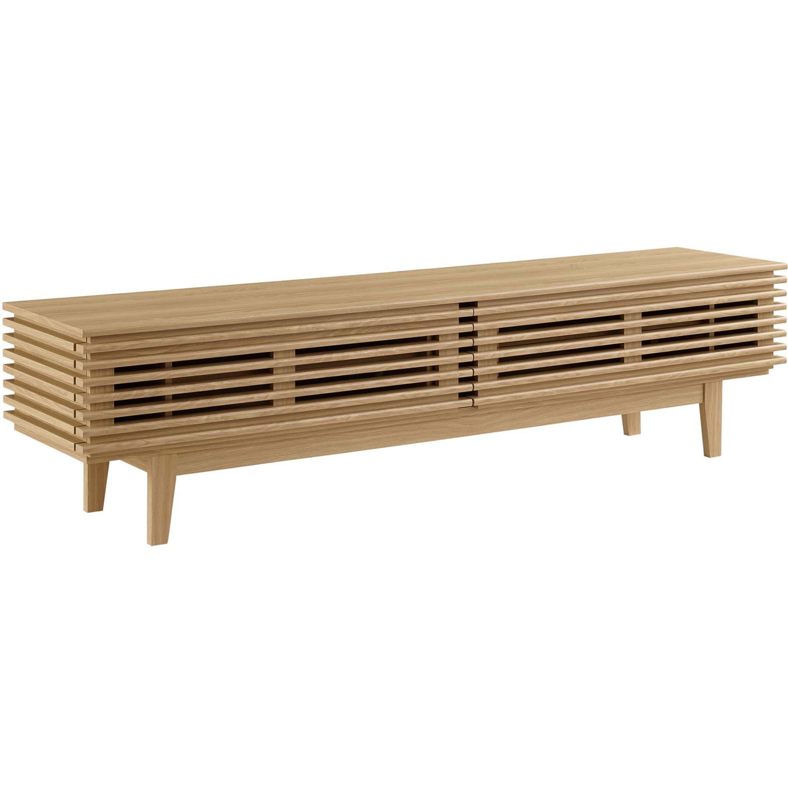 Render oak TV stand showcasing slatted facade and airy leg design. || EEI-3348-OAK || front_angle_studio