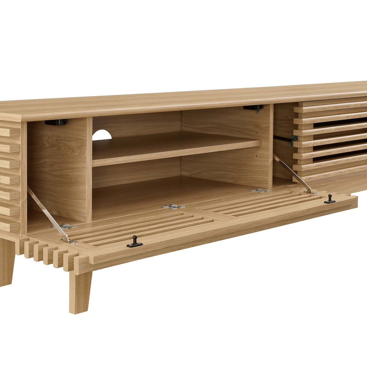 Open oak TV stand compartment with adjustable shelf and metal support hardware. || EEI-3348-OAK || storage_open_studio